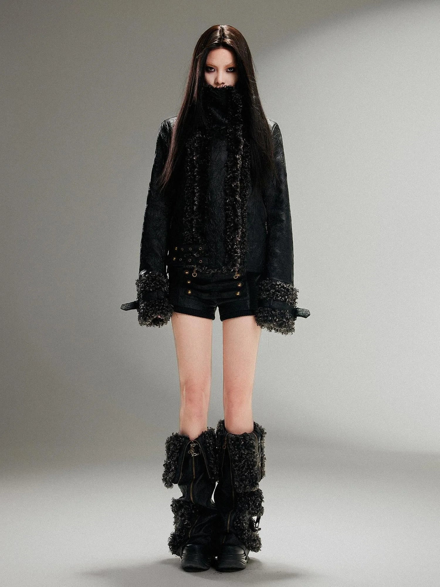 Ariadnaw Punk Rock Low Rise Leather Shorts With Wool Leg Warmers