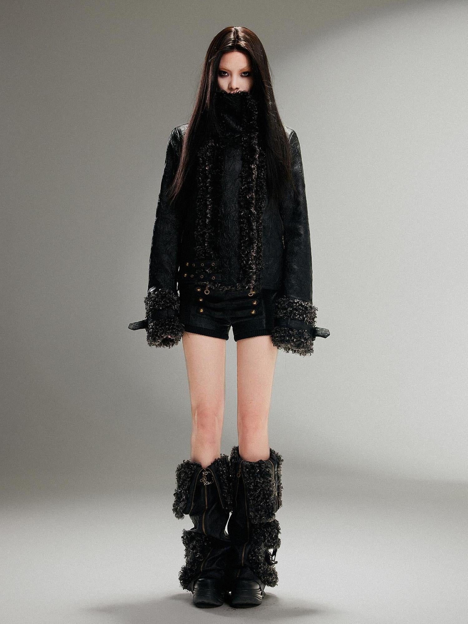 ARIADNAw Ariadnaw Punk Rock Low Rise Leather Shorts With Wool Leg Warmers