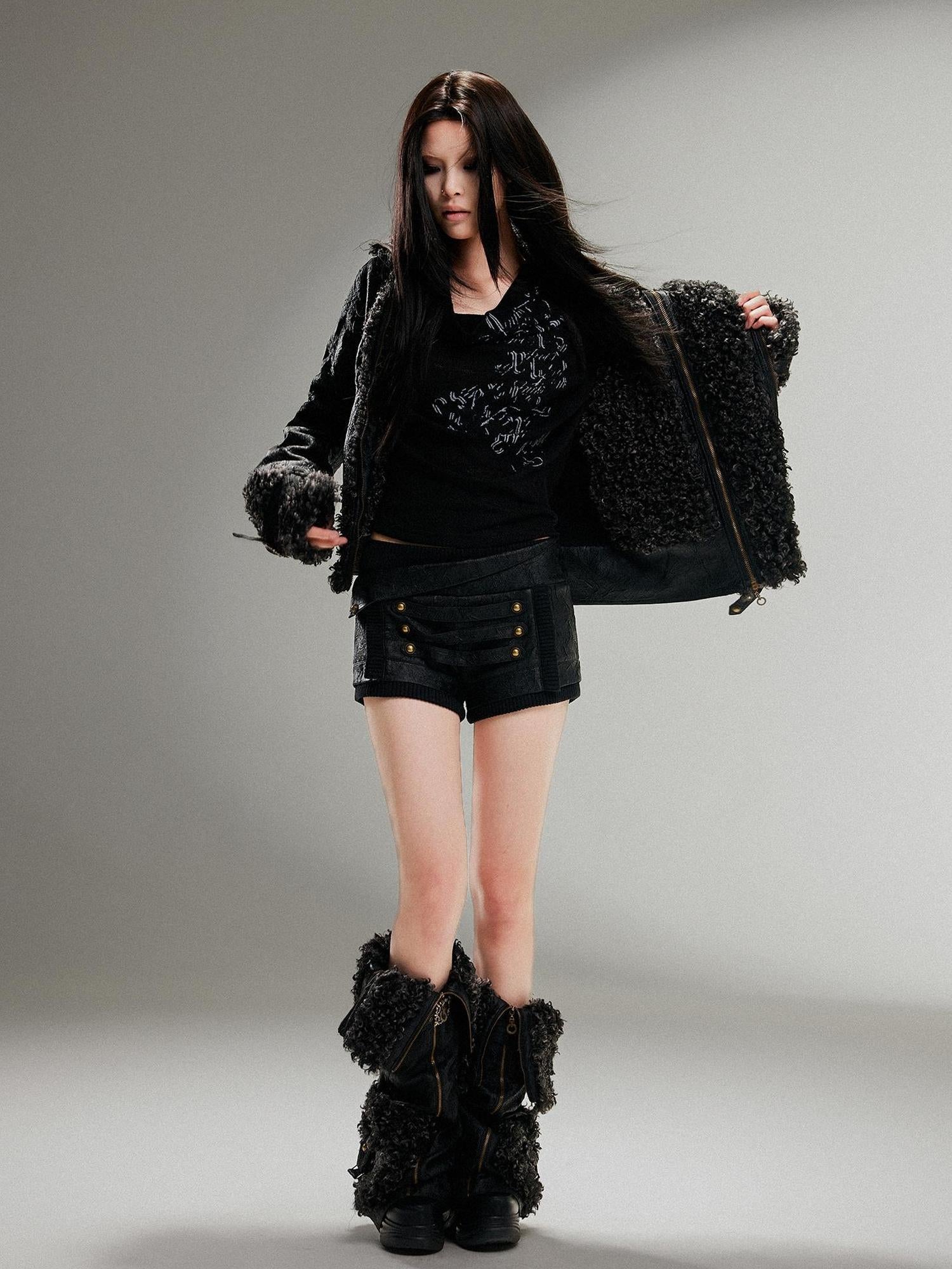 ARIADNAw Ariadnaw Punk Rock Low Rise Leather Shorts With Wool Leg Warmers
