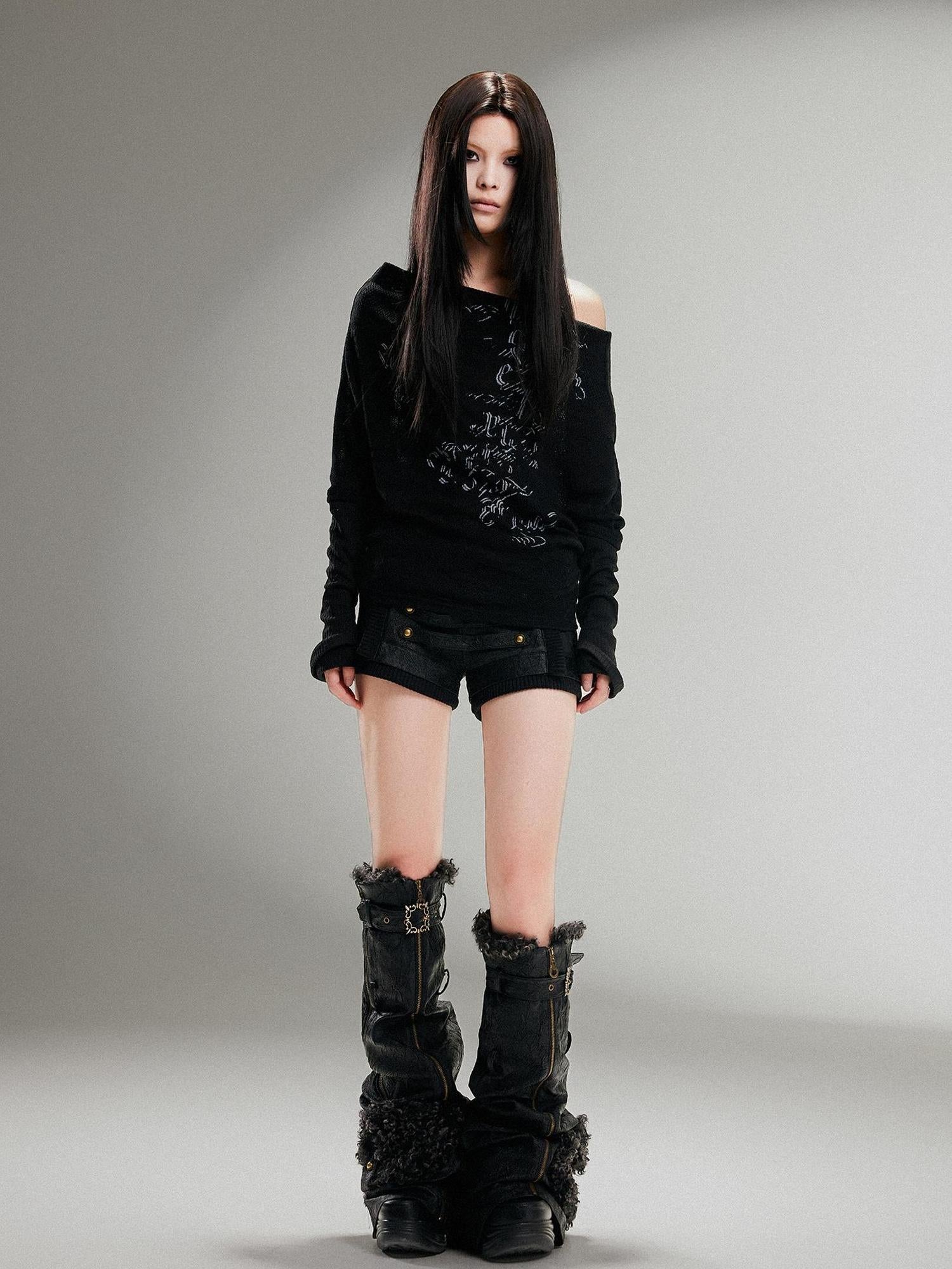 ARIADNAw Ariadnaw Punk Rock Low Rise Leather Shorts With Wool Leg Warmers