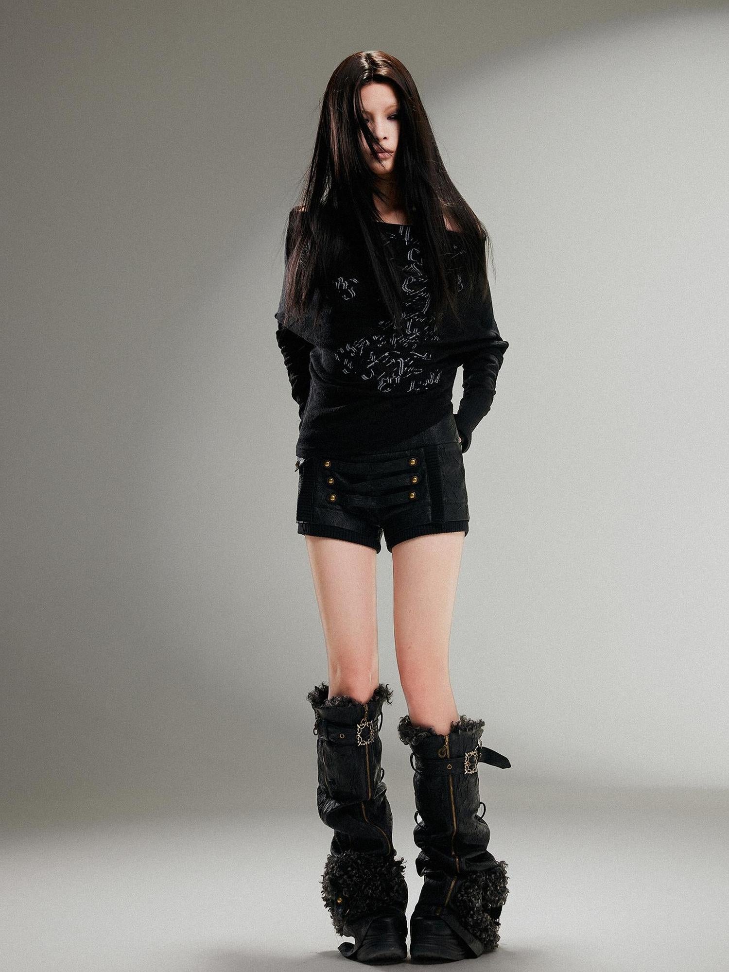 ARIADNAw Ariadnaw Punk Rock Low Rise Leather Shorts With Wool Leg Warmers