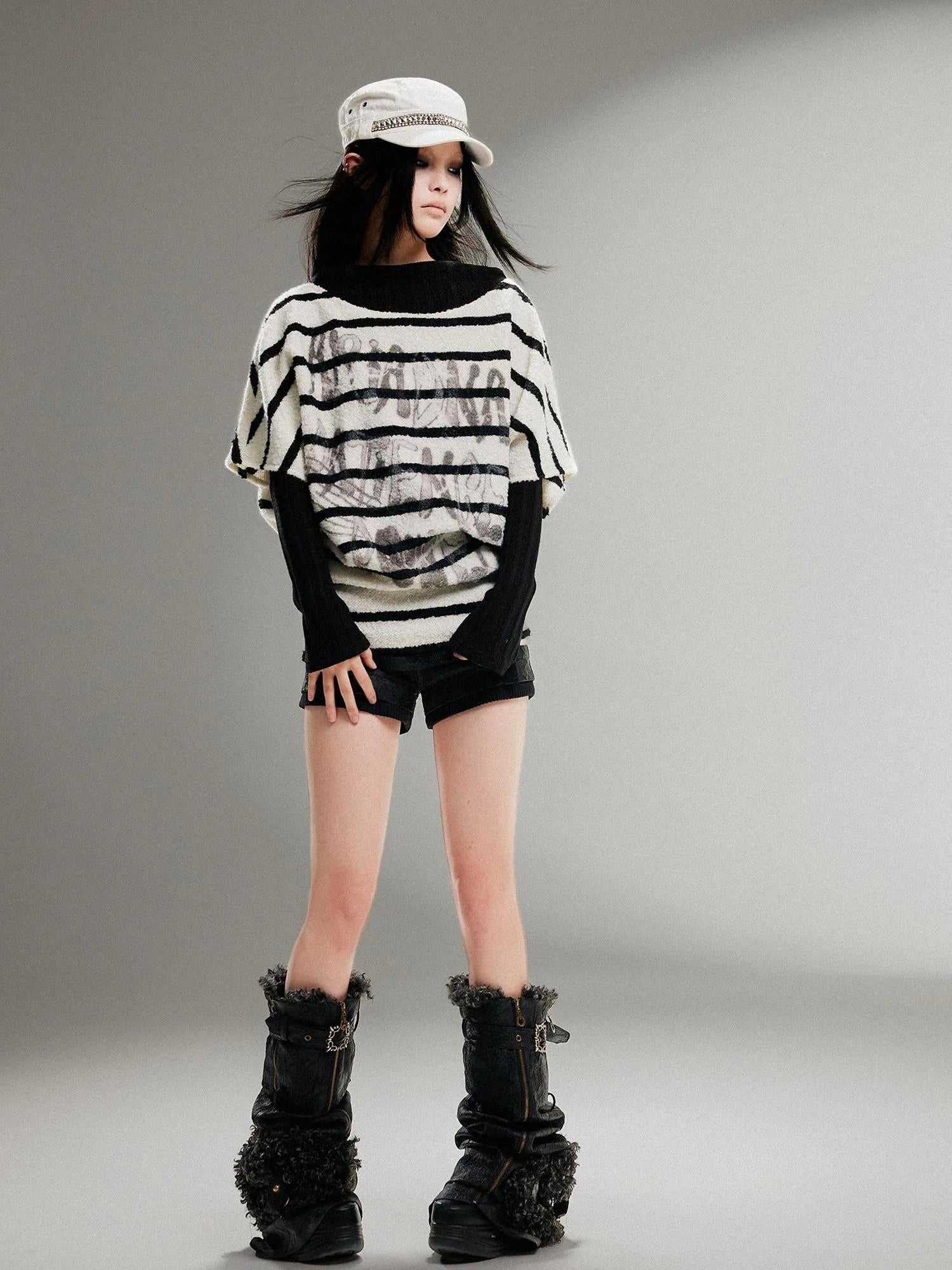 Ariadnaw Punk Rock Low Rise Leather Shorts With Wool Leg Warmers