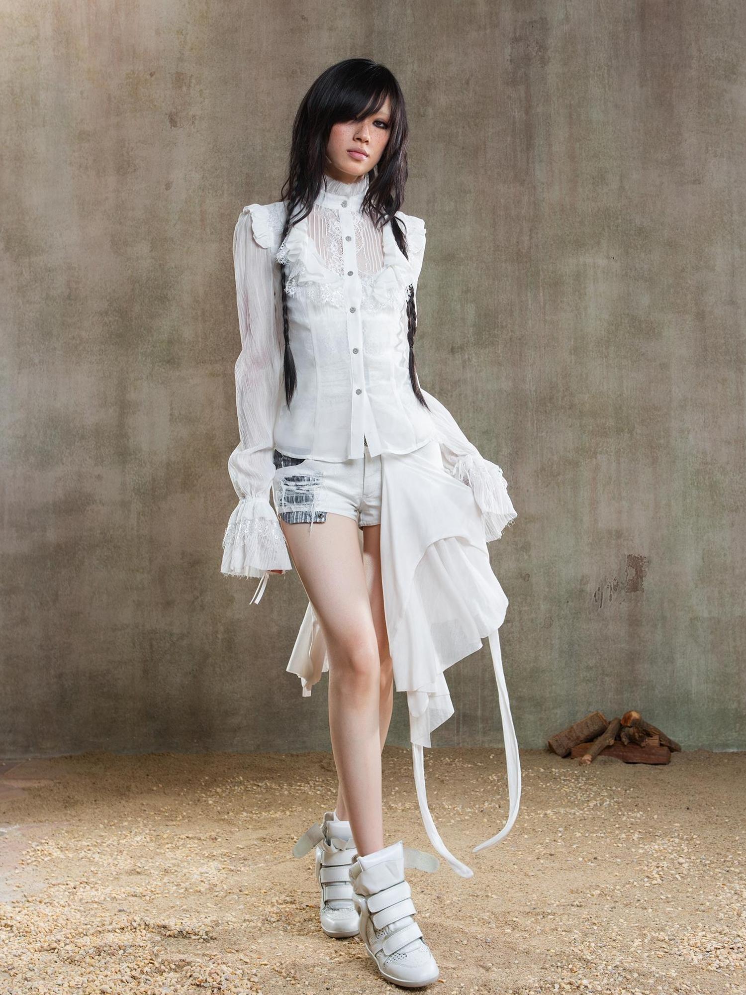 ARIADNAw Ariana Gothic Sheer Chiffon Top With Punk Lace Detailing