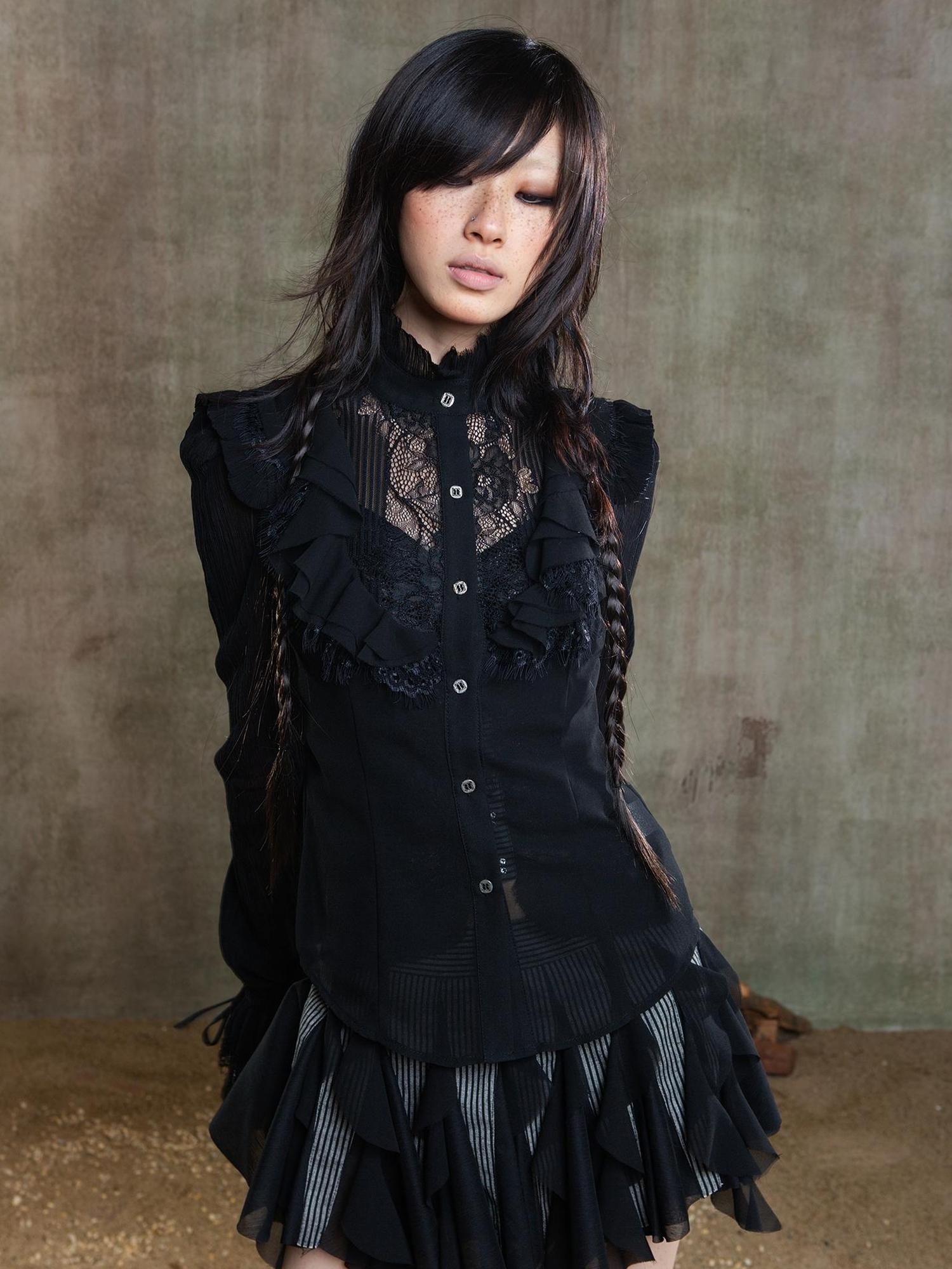 ARIADNAw Ariana Gothic Sheer Chiffon Top With Punk Lace Detailing