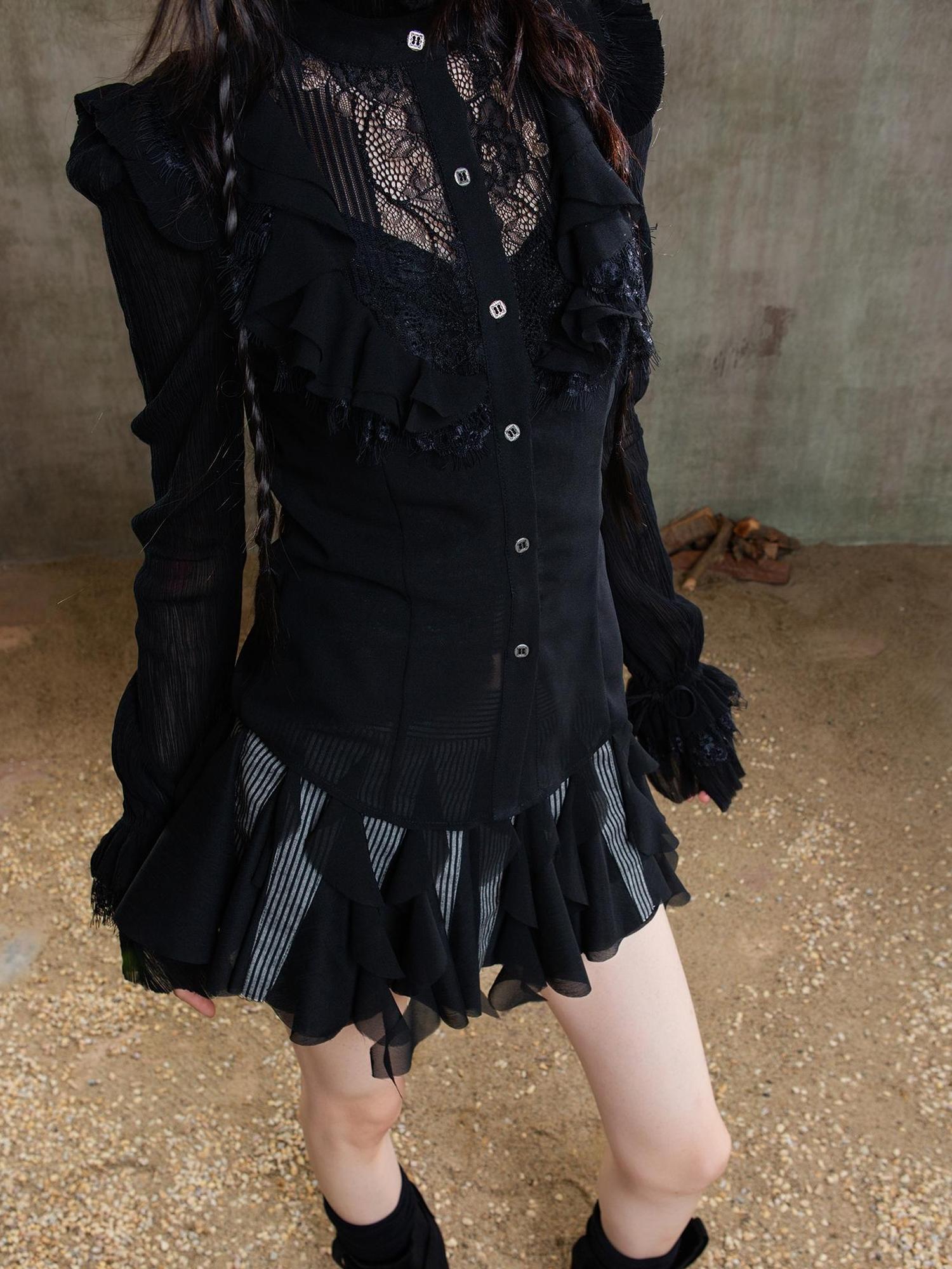 ARIADNAw Ariana Gothic Sheer Chiffon Top With Punk Lace Detailing