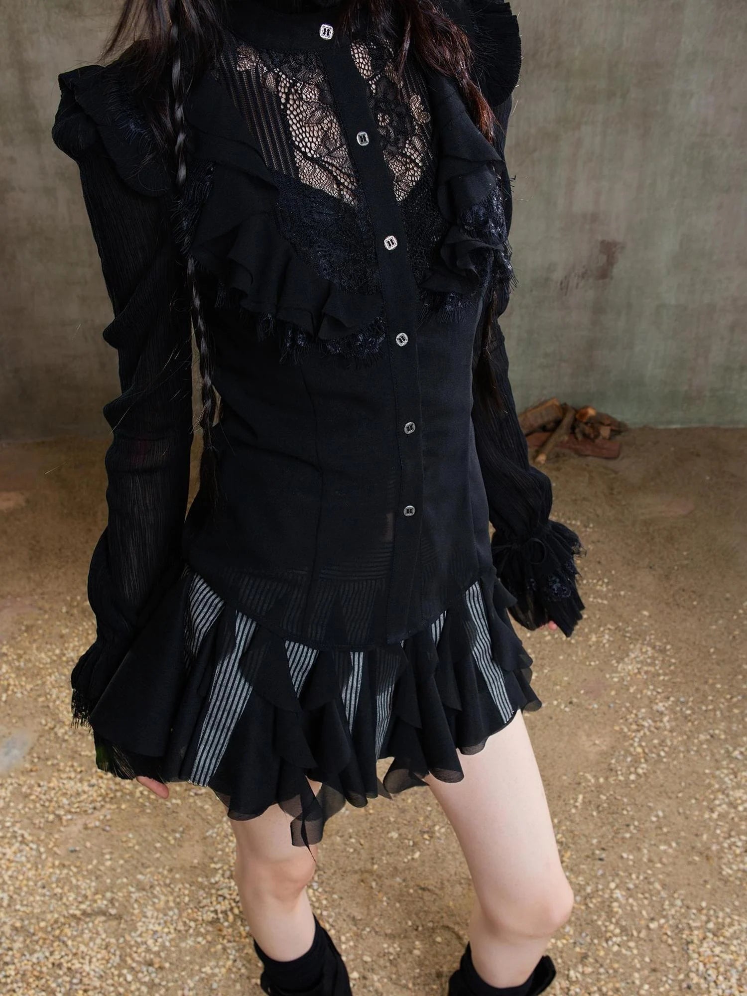 Ariana Gothic Sheer Chiffon Top With Punk Lace Detailing