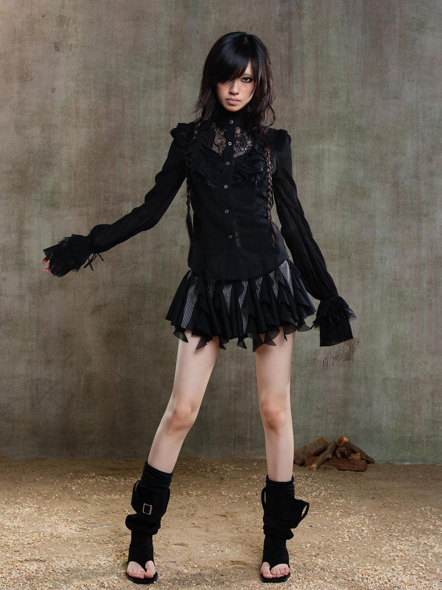 ARIADNAw Ariana Gothic Sheer Chiffon Top With Punk Lace Detailing