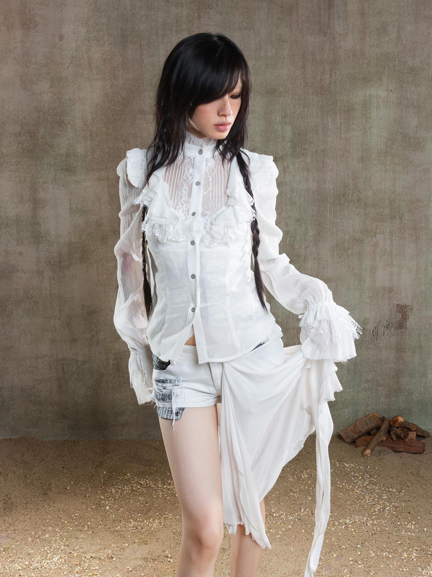 ARIADNAw Ariana Gothic Sheer Chiffon Top With Punk Lace Detailing