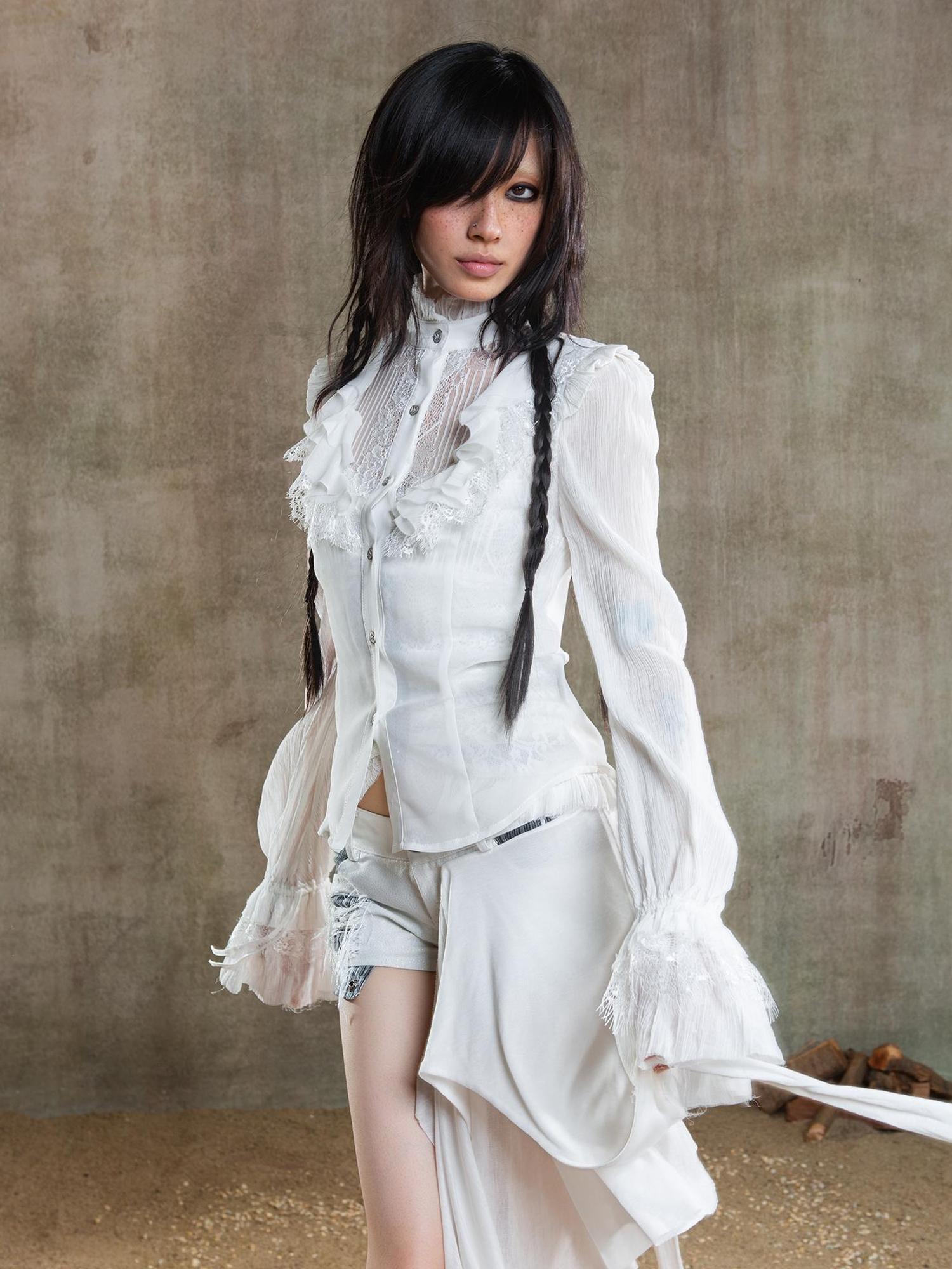 ARIADNAw Ariana Gothic Sheer Chiffon Top With Punk Lace Detailing