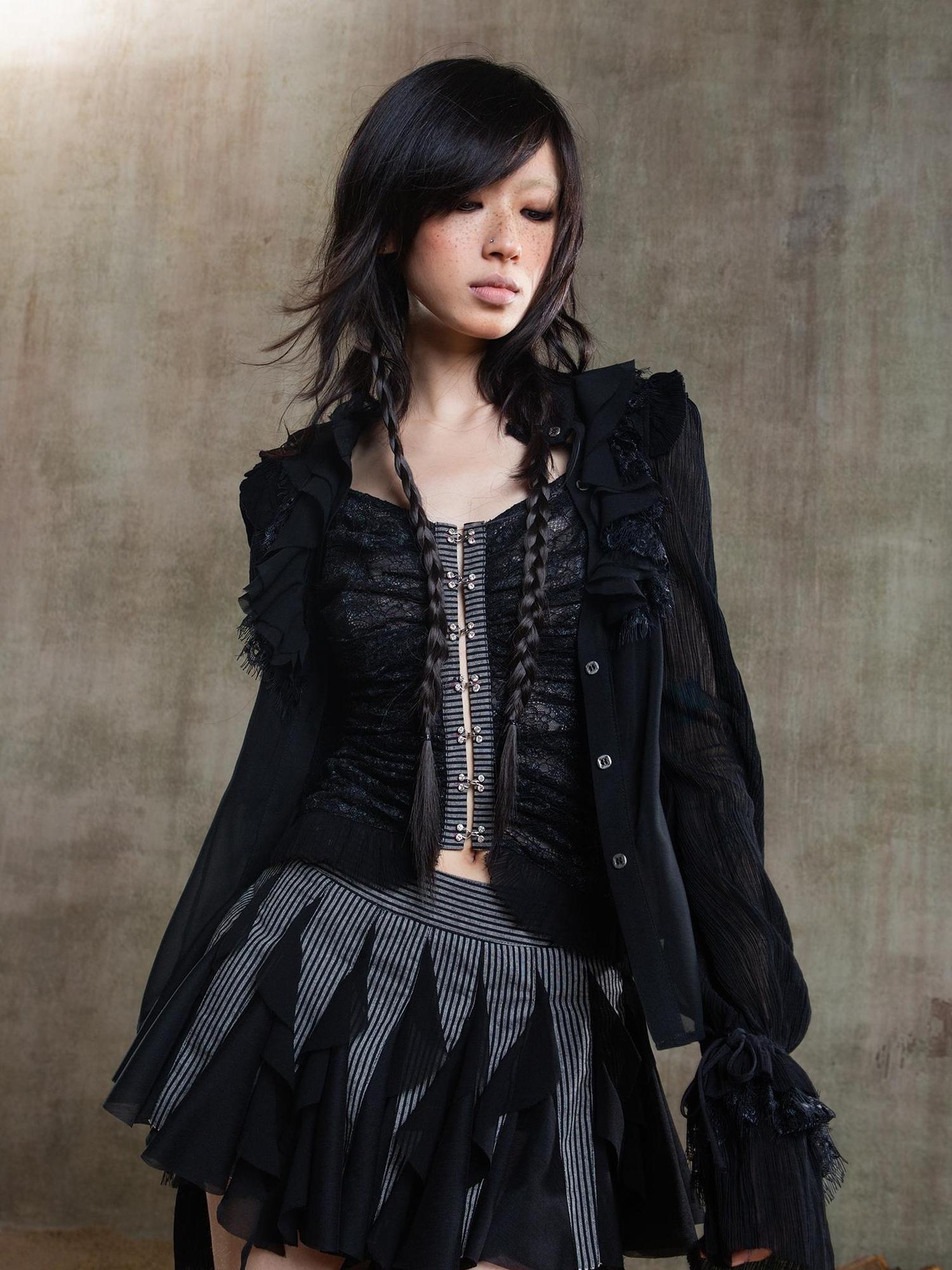 ARIADNAw Ariana Gothic Sheer Chiffon Top With Punk Lace Detailing