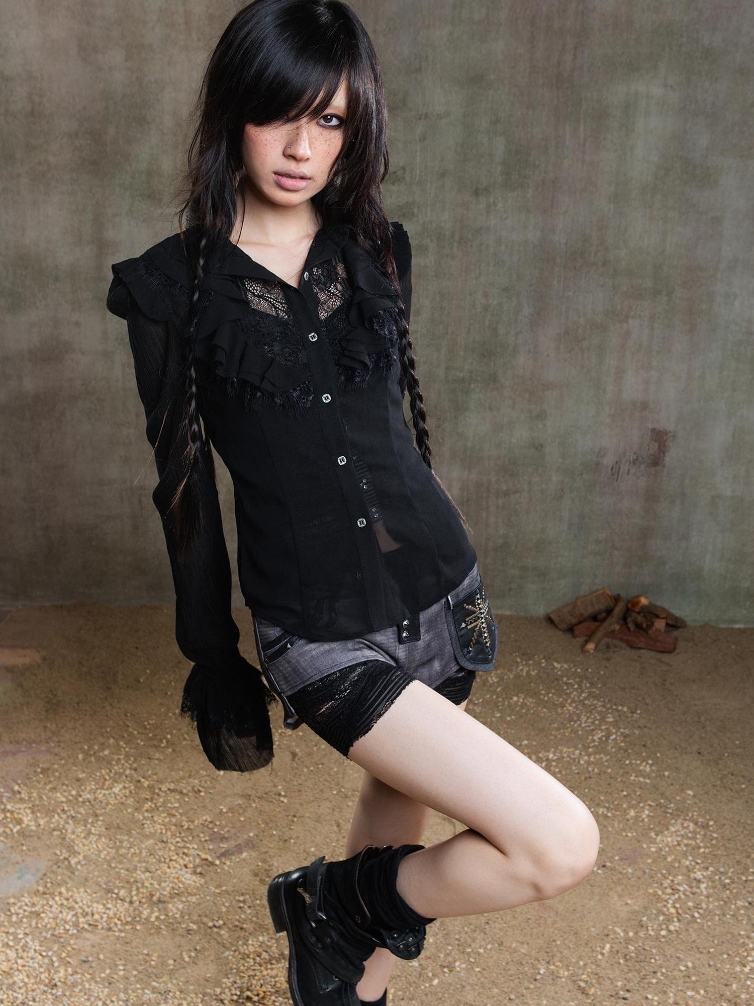 ARIADNAw Ariana Gothic Sheer Chiffon Top With Punk Lace Detailing