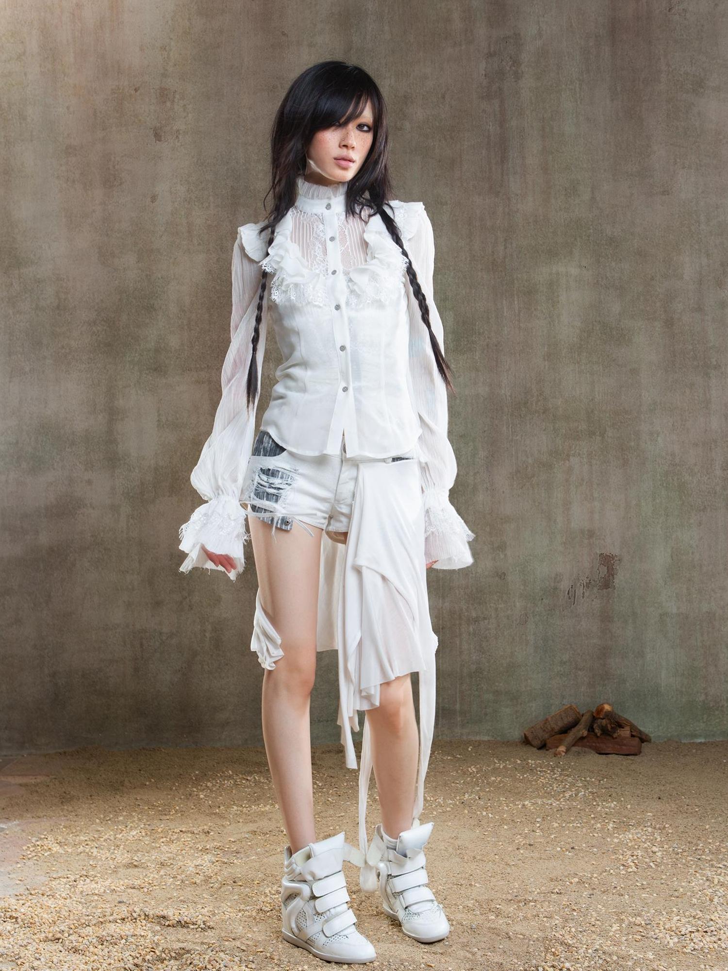 ARIADNAw Ariana Gothic Sheer Chiffon Top With Punk Lace Detailing