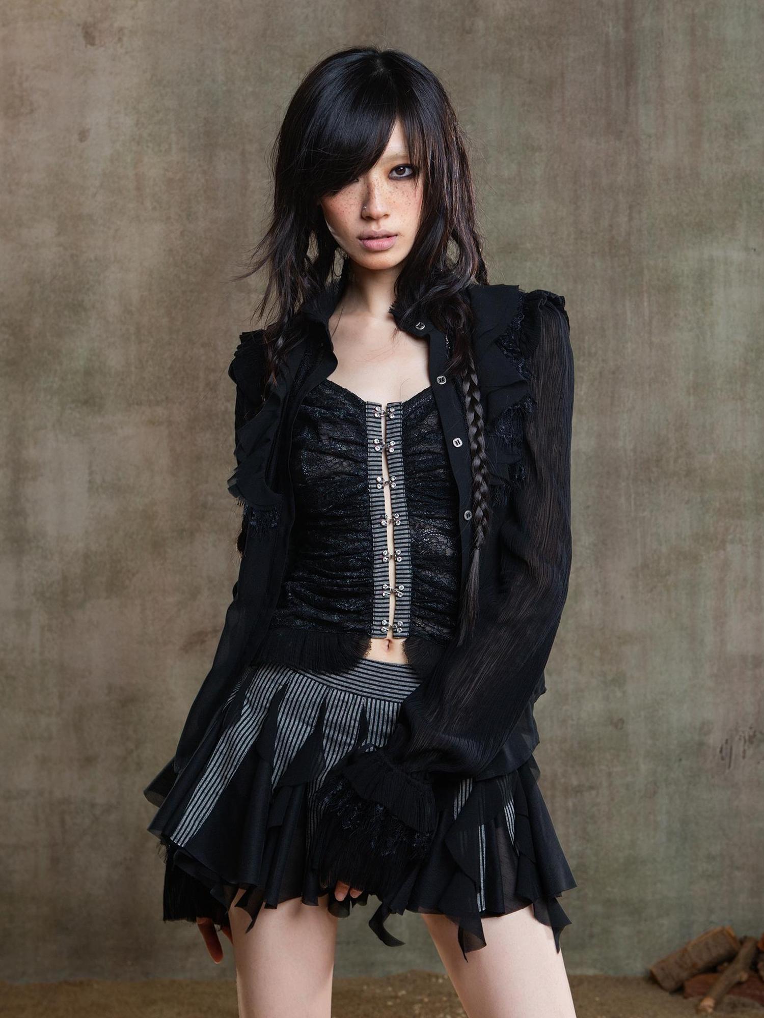 ARIADNAw Ariana Gothic Sheer Chiffon Top With Punk Lace Detailing