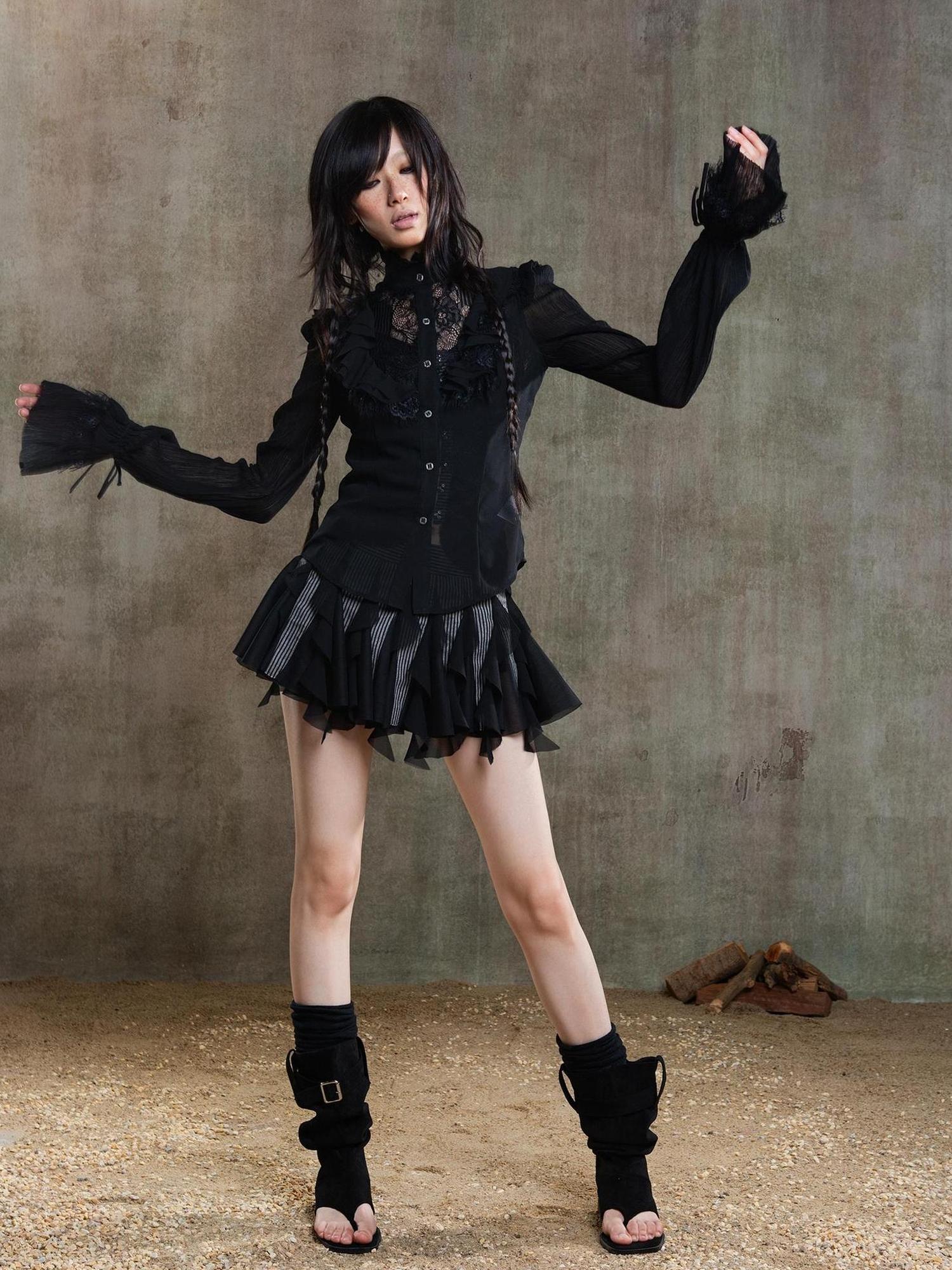 ARIADNAw Ariana Gothic Sheer Chiffon Top With Punk Lace Detailing