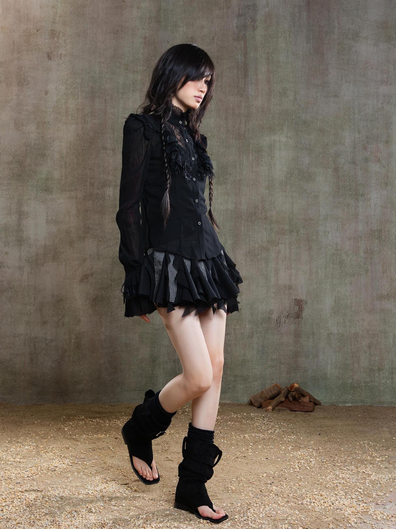 ARIADNAw Ariana Gothic Sheer Chiffon Top With Punk Lace Detailing