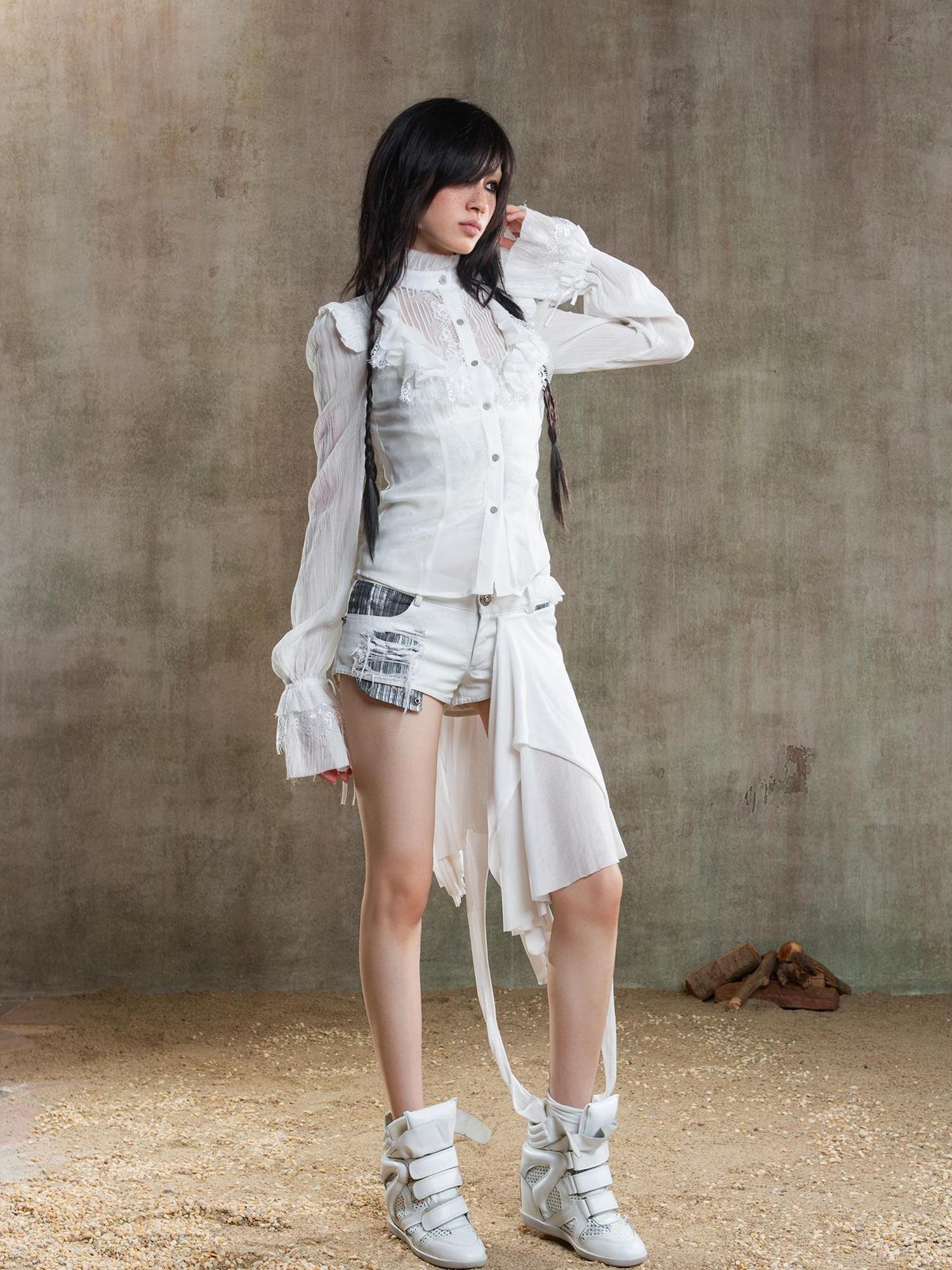 ARIADNAw Ariana Gothic Sheer Chiffon Top With Punk Lace Detailing