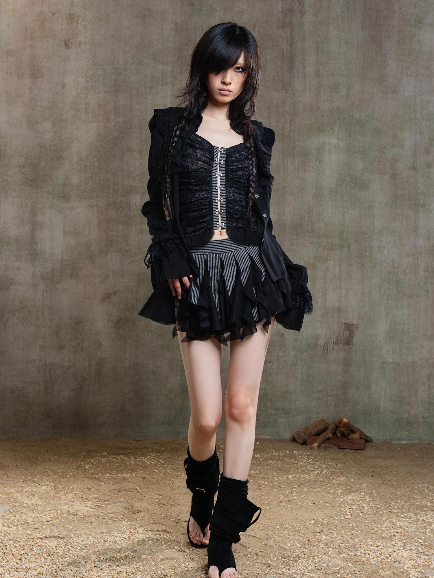 ARIADNAw Ariana Gothic Sheer Chiffon Top With Punk Lace Detailing