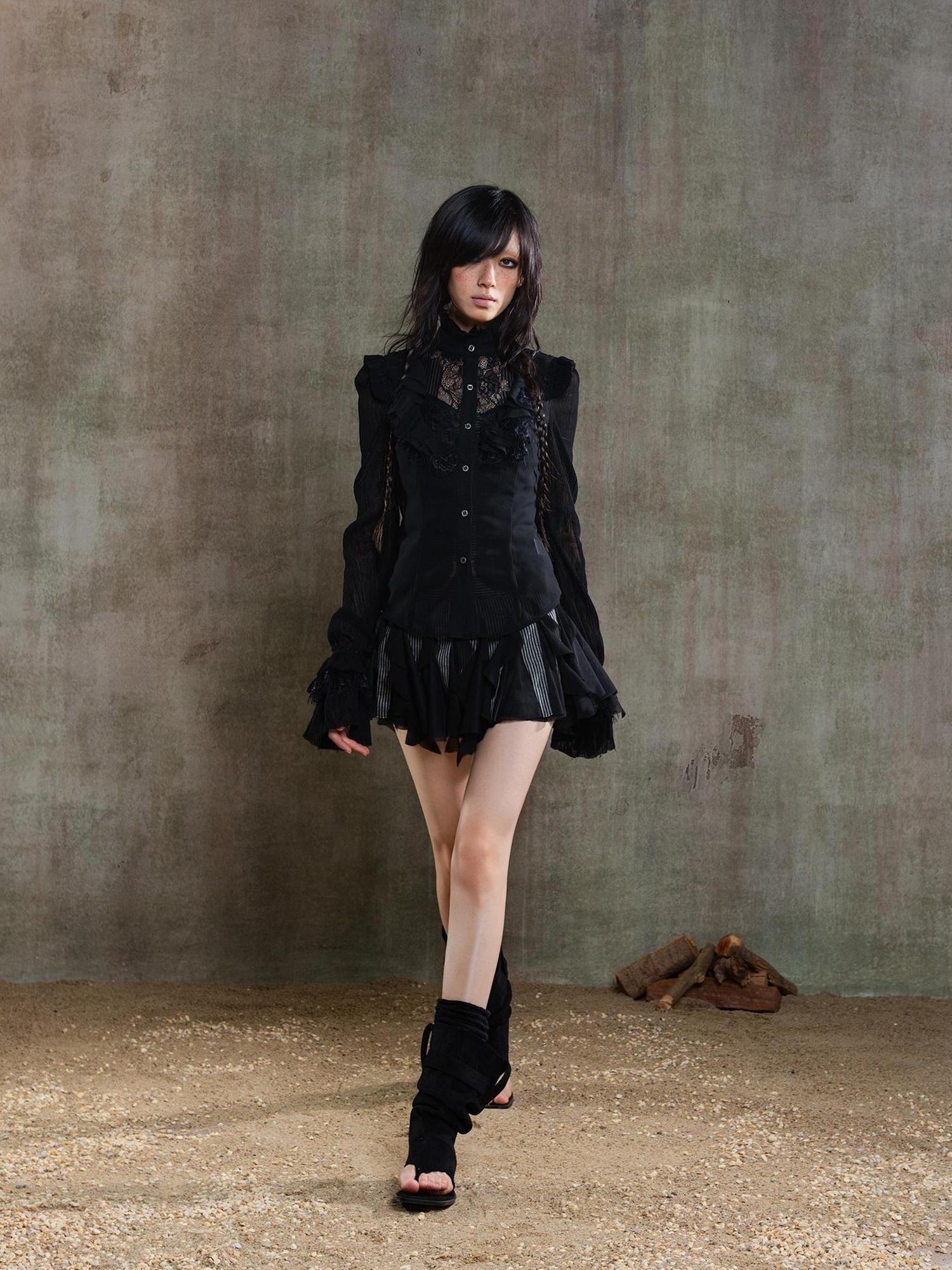 ARIADNAw Ariana Gothic Sheer Chiffon Top With Punk Lace Detailing