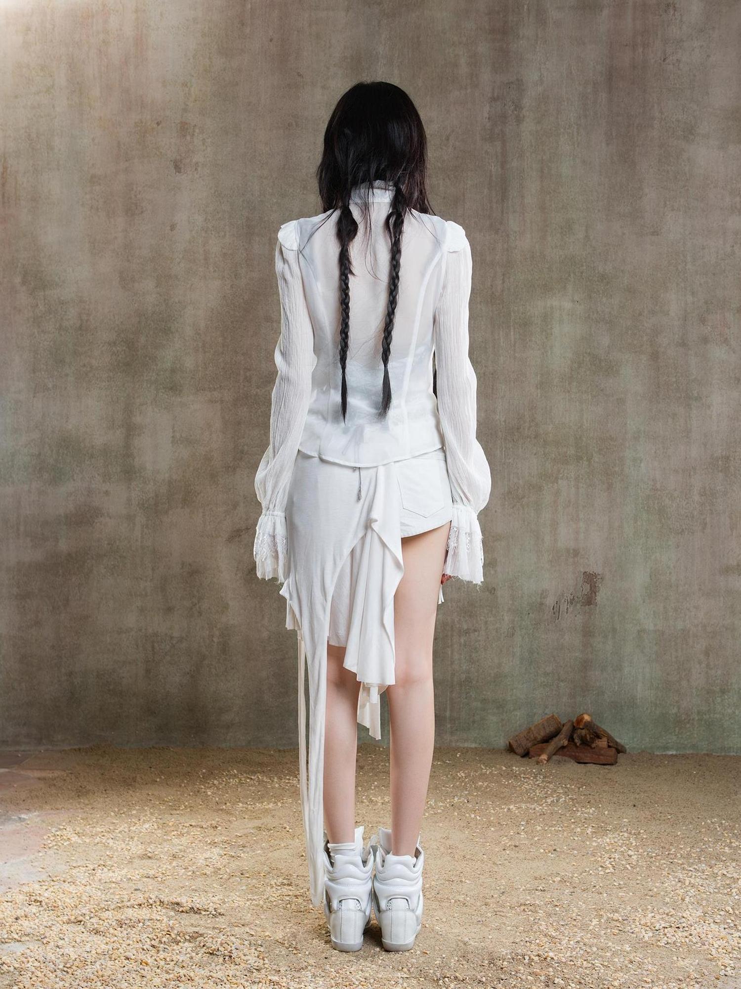 ARIADNAw Ariana Gothic Sheer Chiffon Top With Punk Lace Detailing