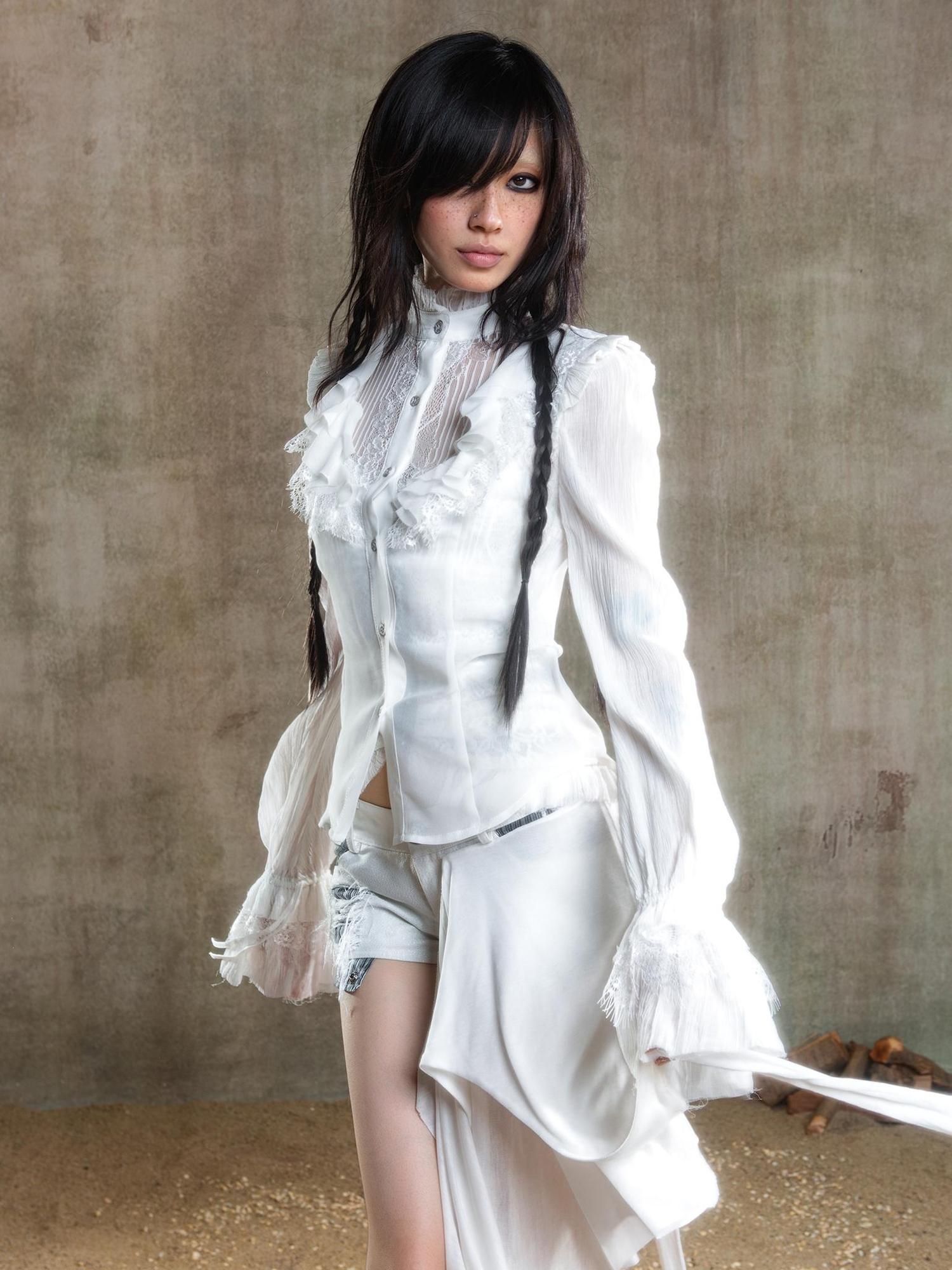 ARIADNAw Ariana Gothic Sheer Chiffon Top With Punk Lace Detailing