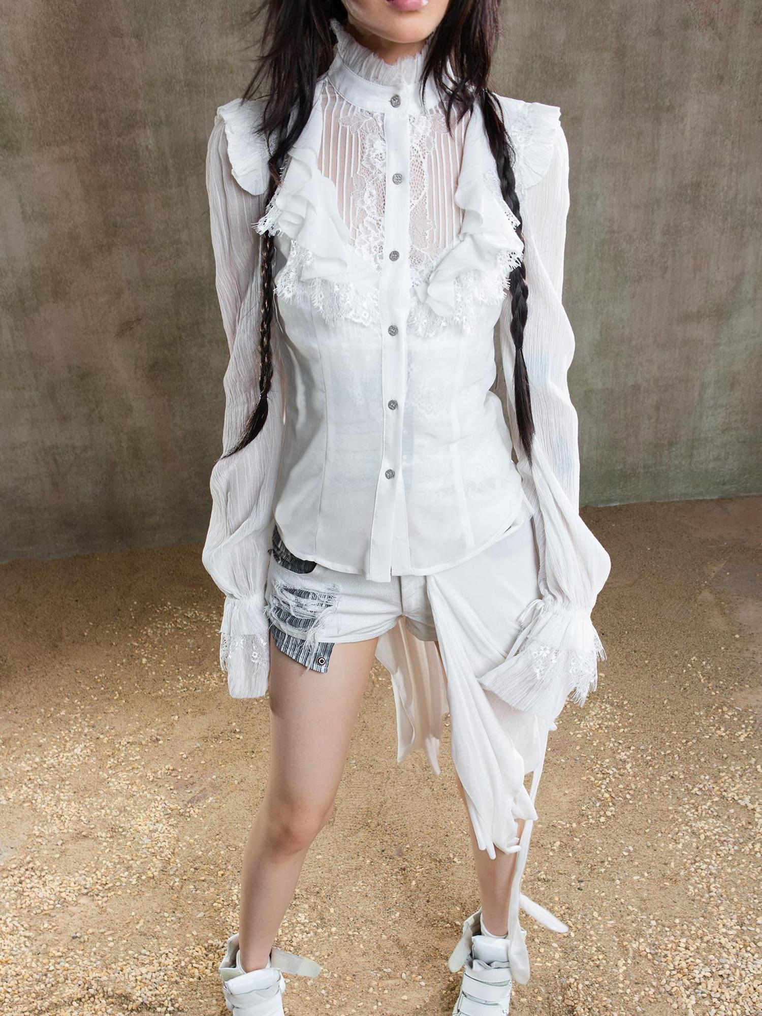 ARIADNAw Ariana Gothic Sheer Chiffon Top With Punk Lace Detailing
