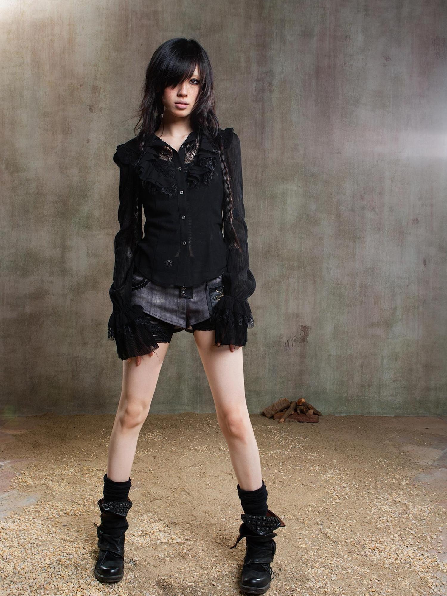 ARIADNAw Ariana Gothic Sheer Chiffon Top With Punk Lace Detailing
