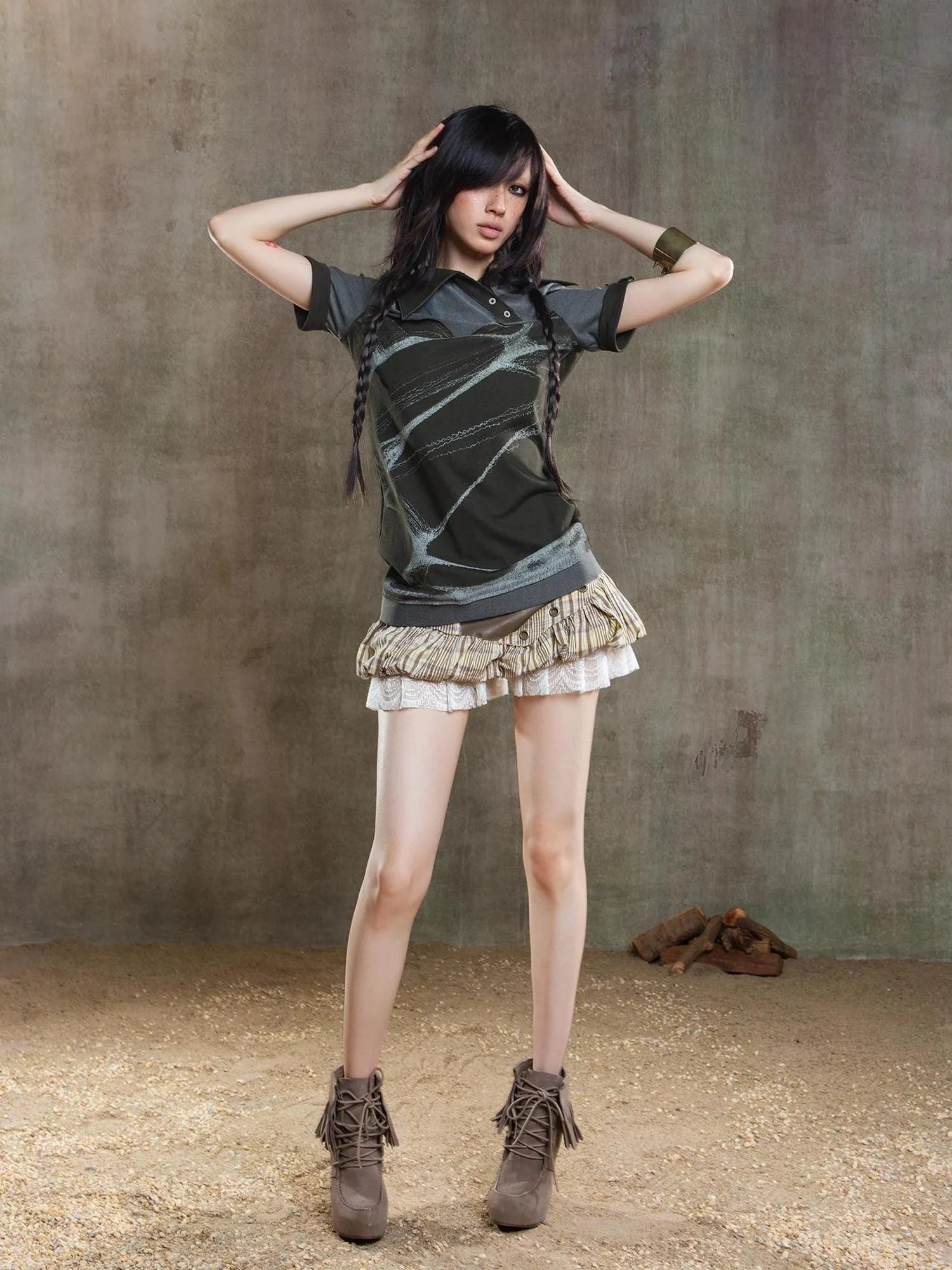 Ariana Low Rise Contrast Patchwork Plaid Floral Short Skirt