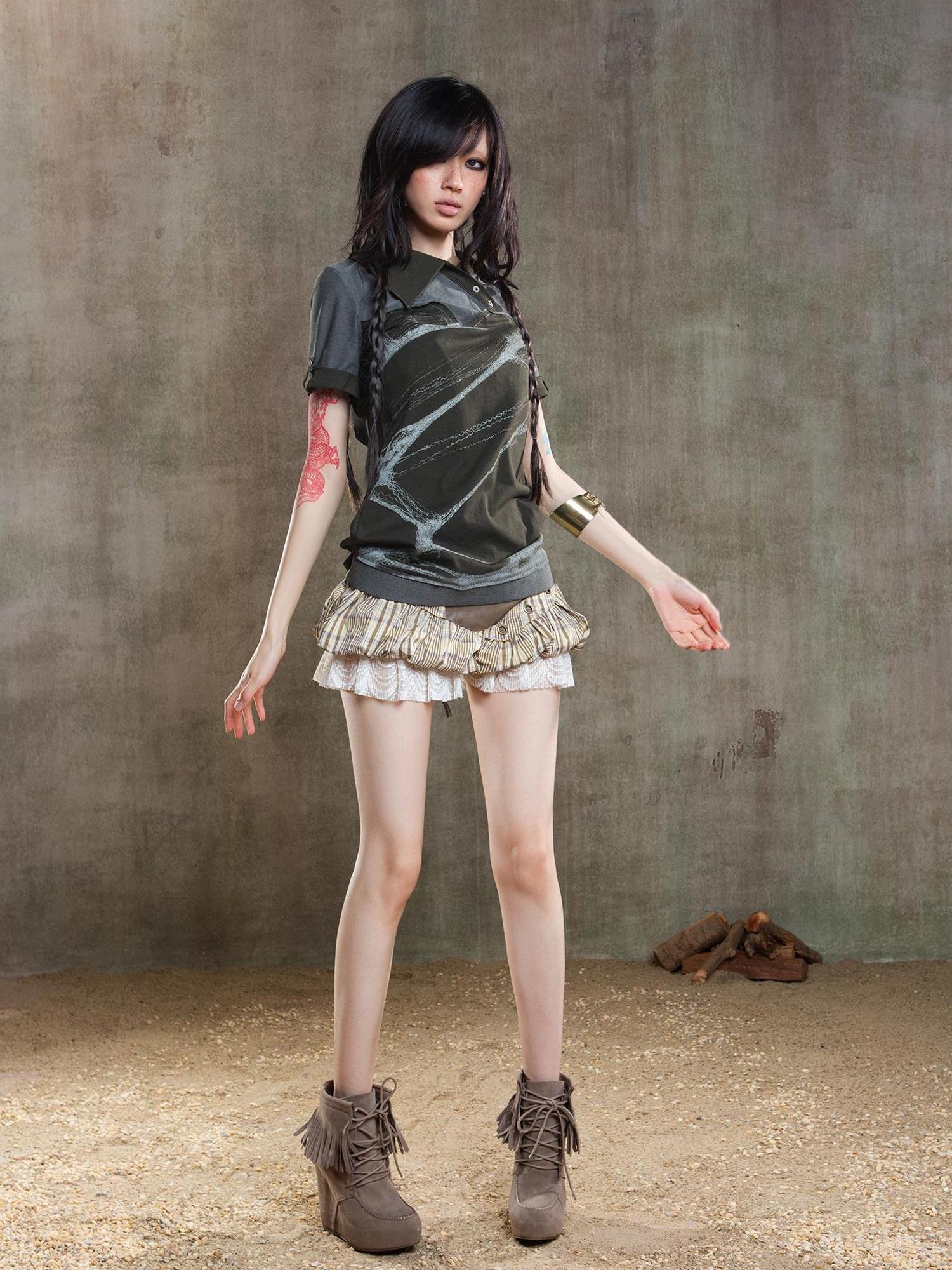 ARIADNAw Ariana Low Rise Contrast Patchwork Plaid Floral Short Skirt