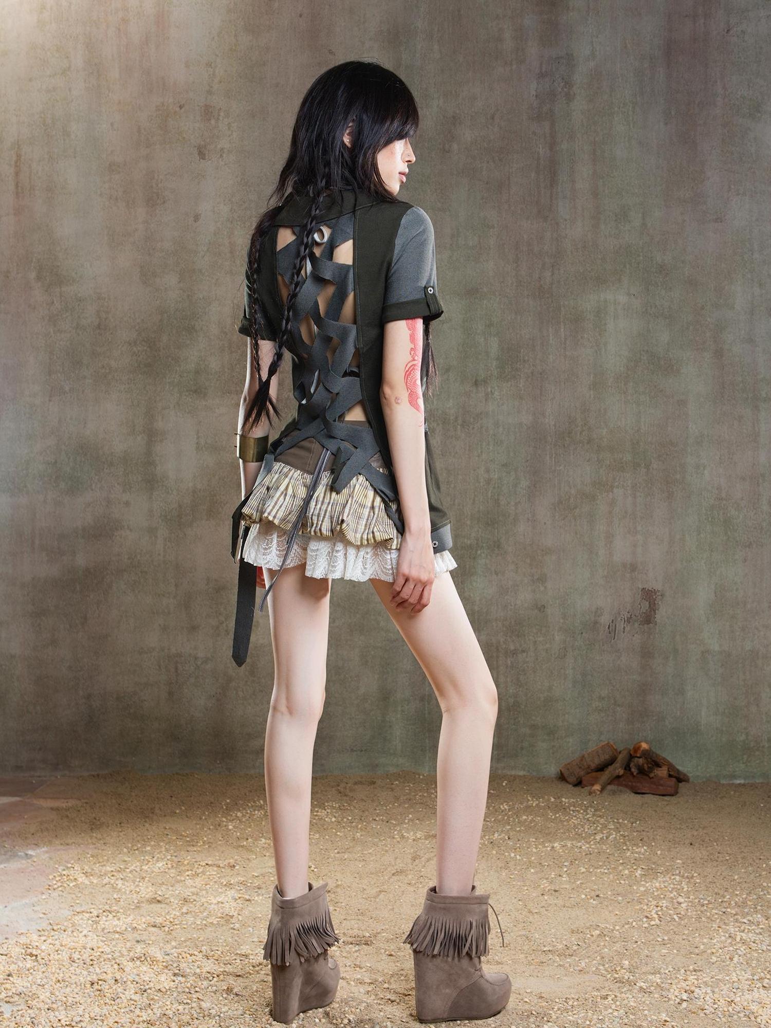 ARIADNAw Ariana Low Rise Contrast Patchwork Plaid Floral Short Skirt