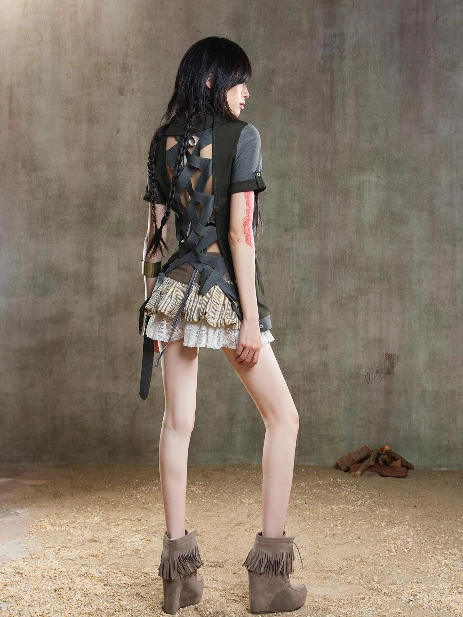 Ariana Low Rise Contrast Patchwork Plaid Floral Short Skirt