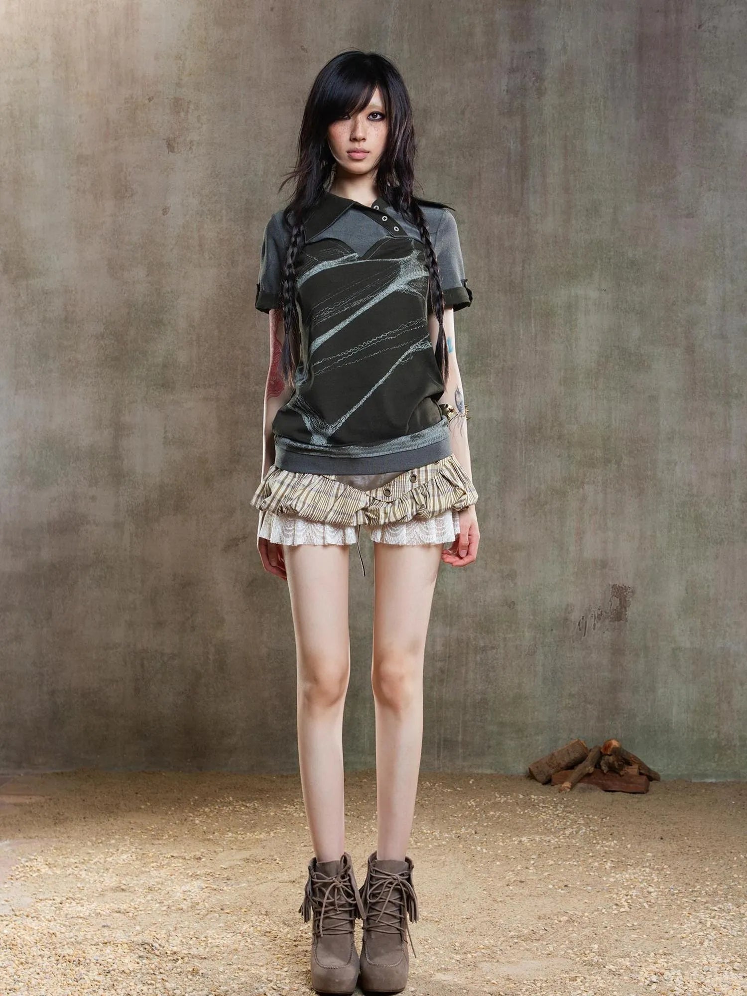 Ariana Low Rise Contrast Patchwork Plaid Floral Short Skirt