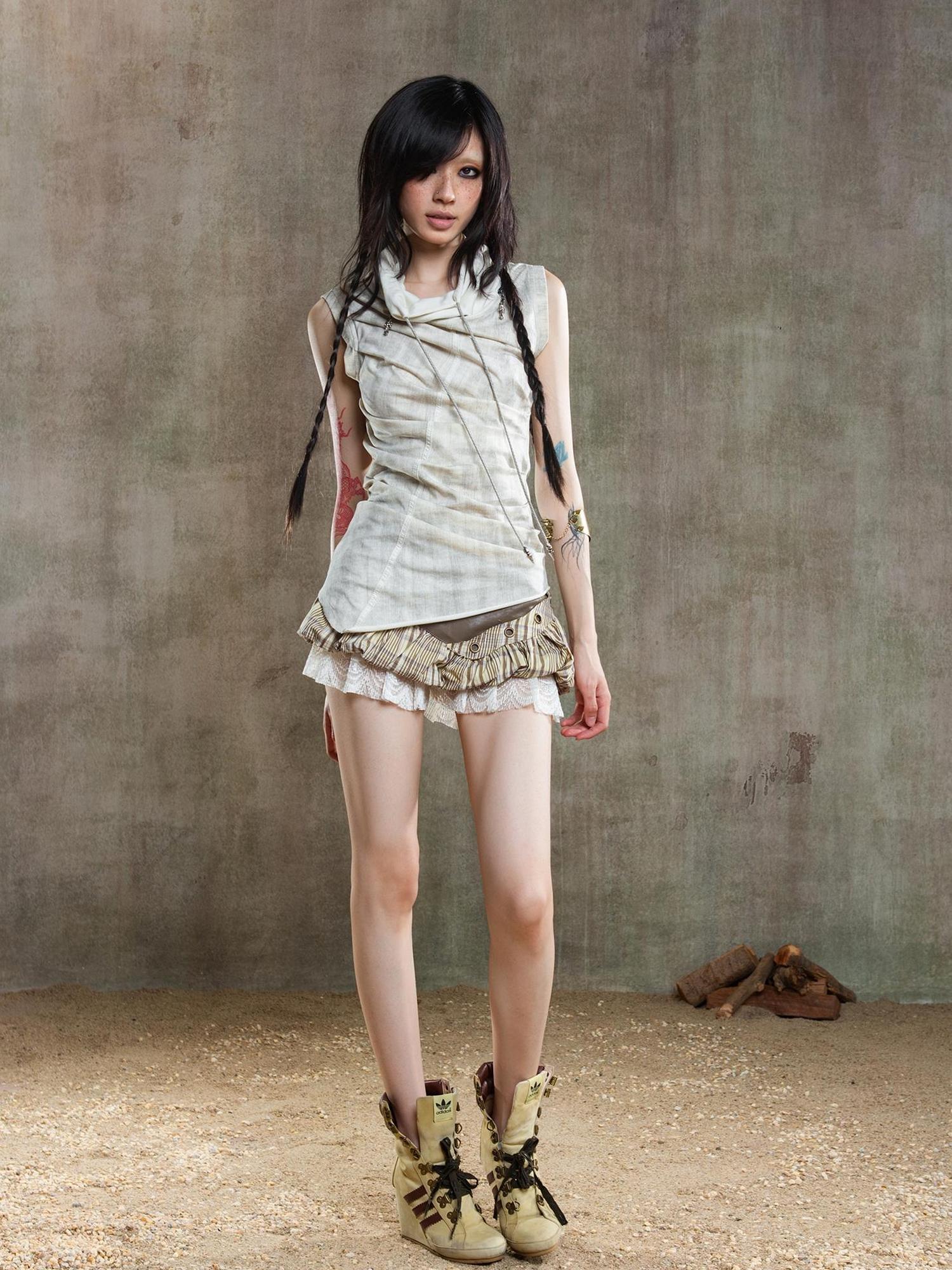 ARIADNAw Ariana Low Rise Contrast Patchwork Plaid Floral Short Skirt