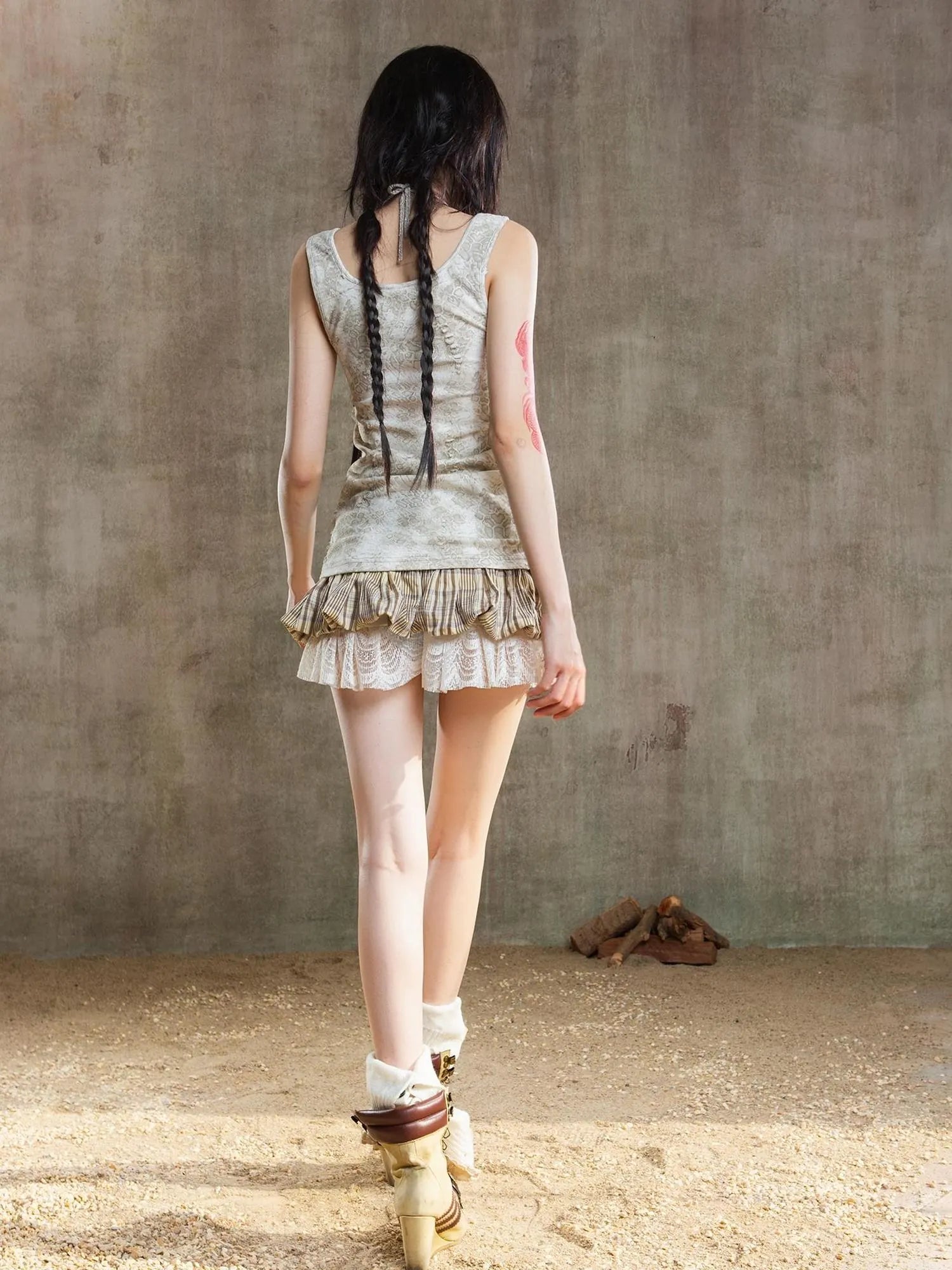 Ariana Low Rise Contrast Patchwork Plaid Floral Short Skirt