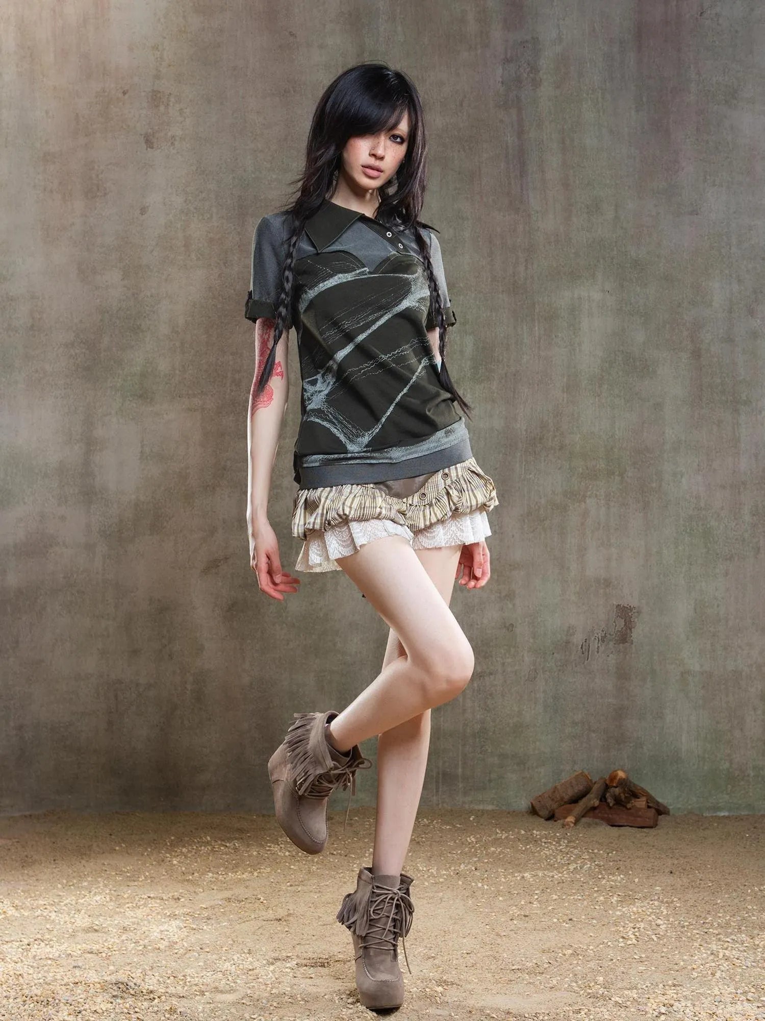 Ariana Low Rise Contrast Patchwork Plaid Floral Short Skirt