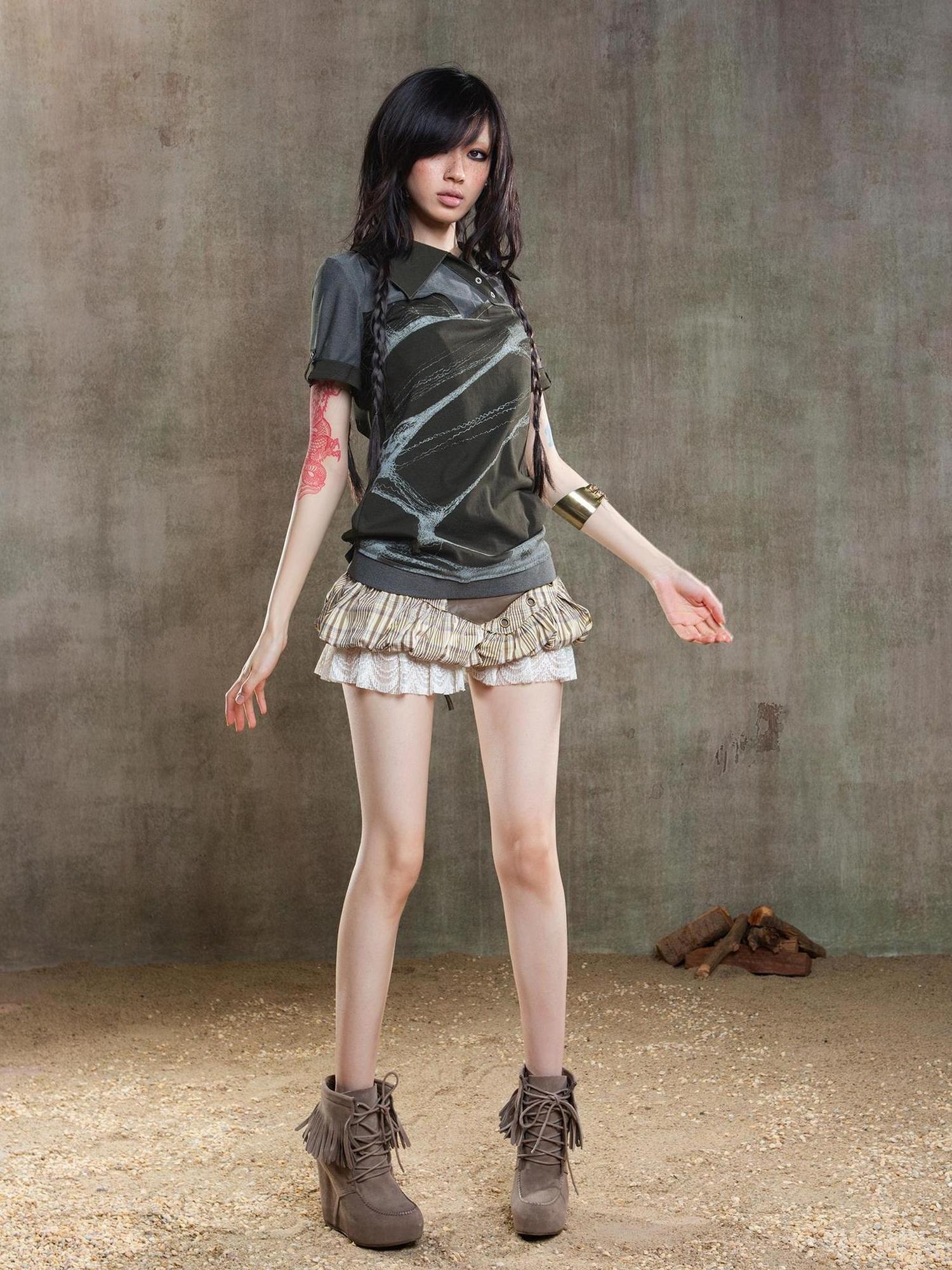 ARIADNAw Ariana Low Rise Contrast Patchwork Plaid Floral Short Skirt