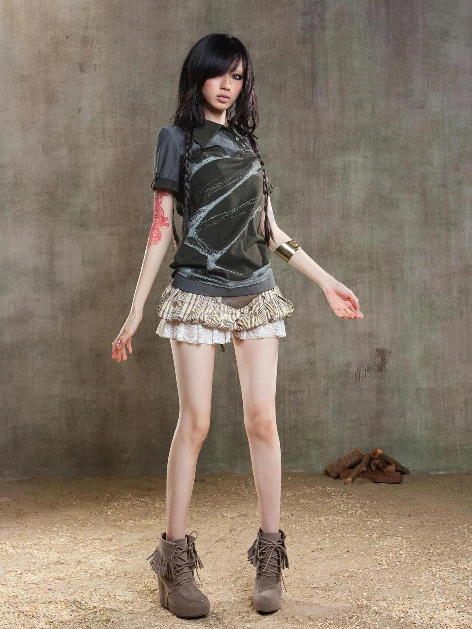 Ariana Low Rise Contrast Patchwork Plaid Floral Short Skirt