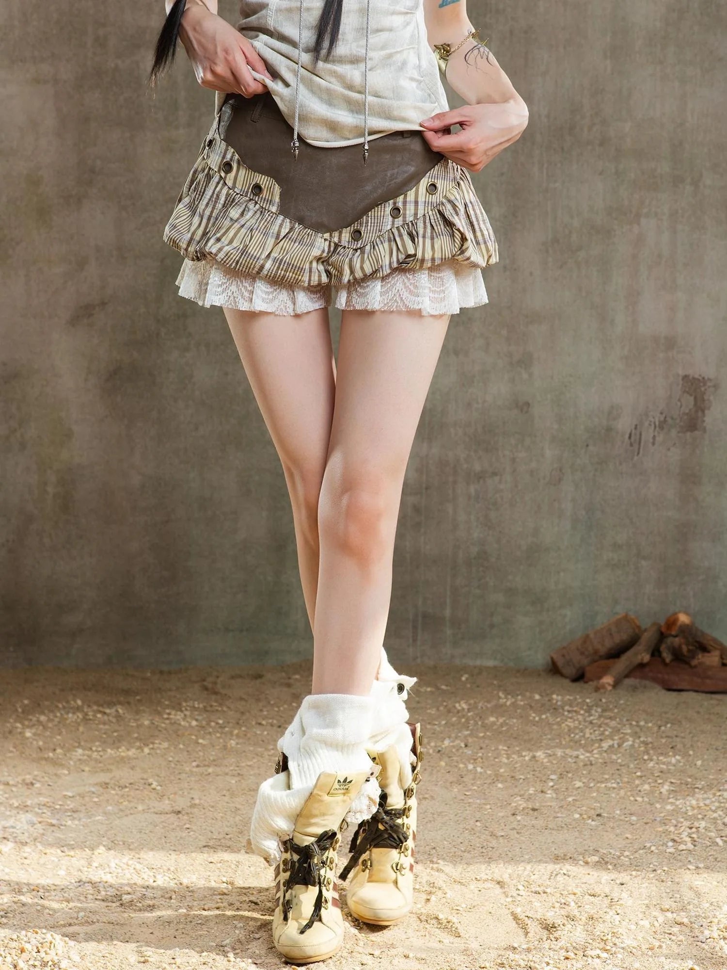 Ariana Low Rise Contrast Patchwork Plaid Floral Short Skirt