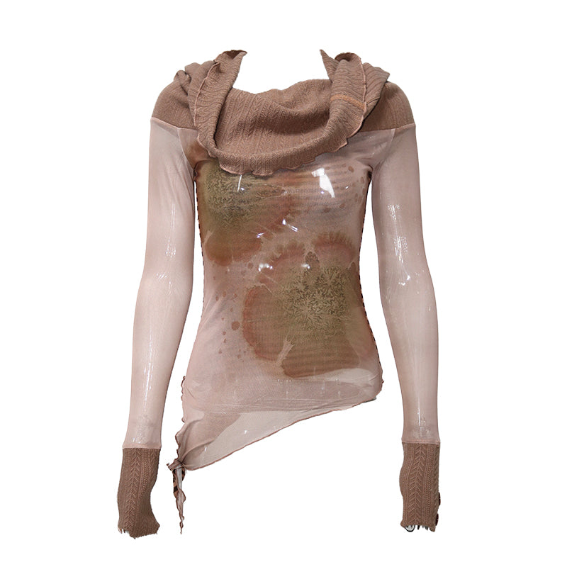 Floral Mesh Knit Top with Convertible Collar and Reverse Wear