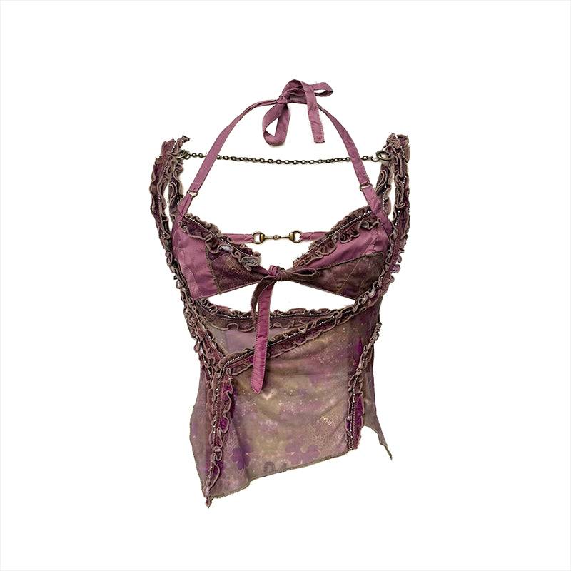 Update OPEN AESTHETIC Open Aesthetic Psychedelic Print Mesh Lace Trim Halter Bralette Set