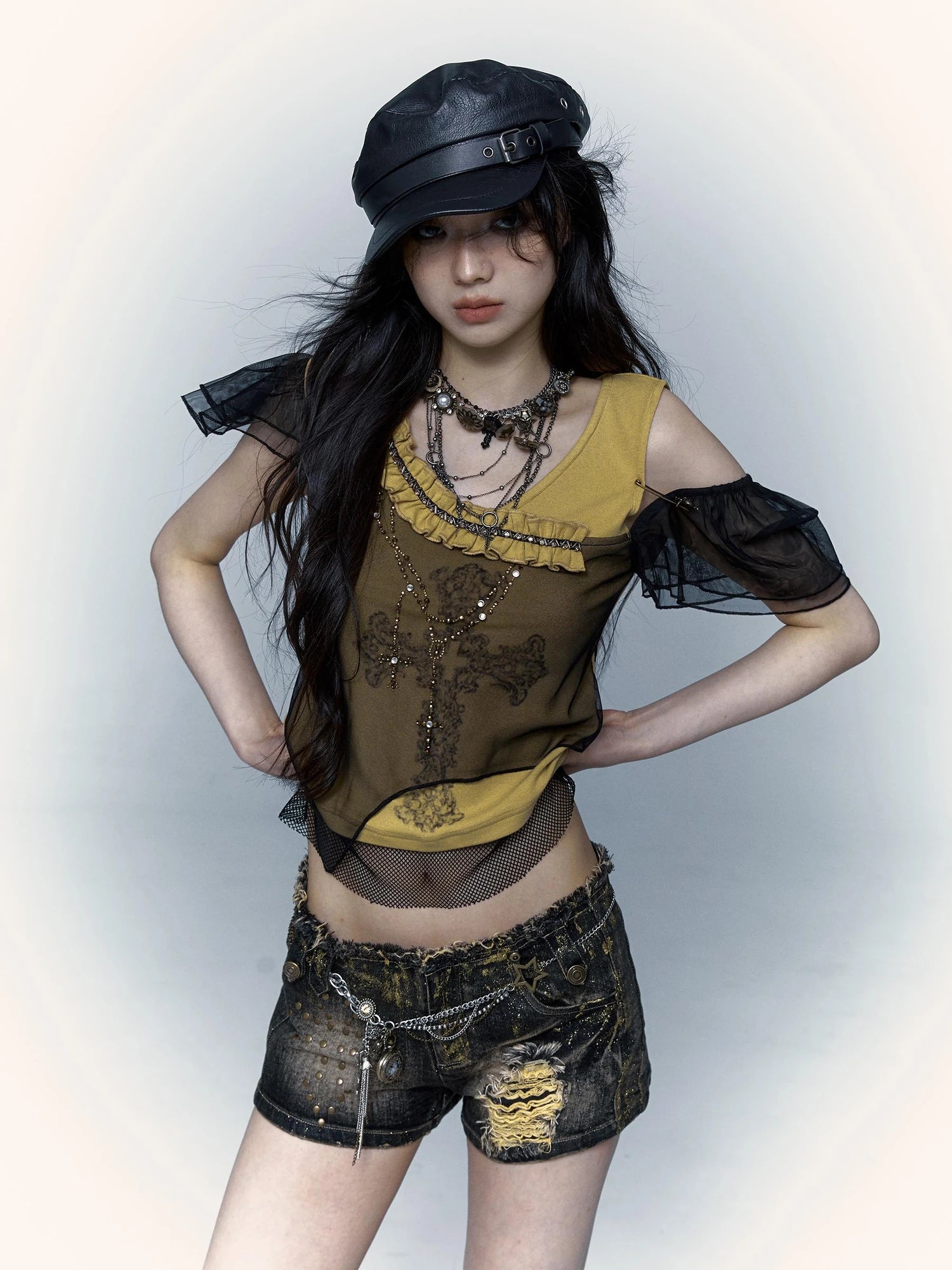 Asym Rock Punk Mesh Rhinestone Print T-Shirt