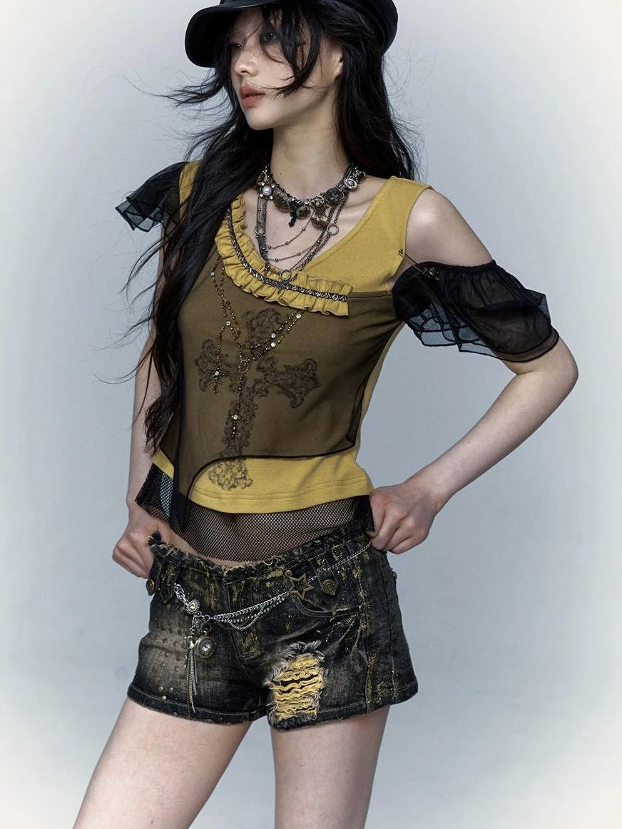 Asym Rock Punk Mesh Rhinestone Print T-Shirt