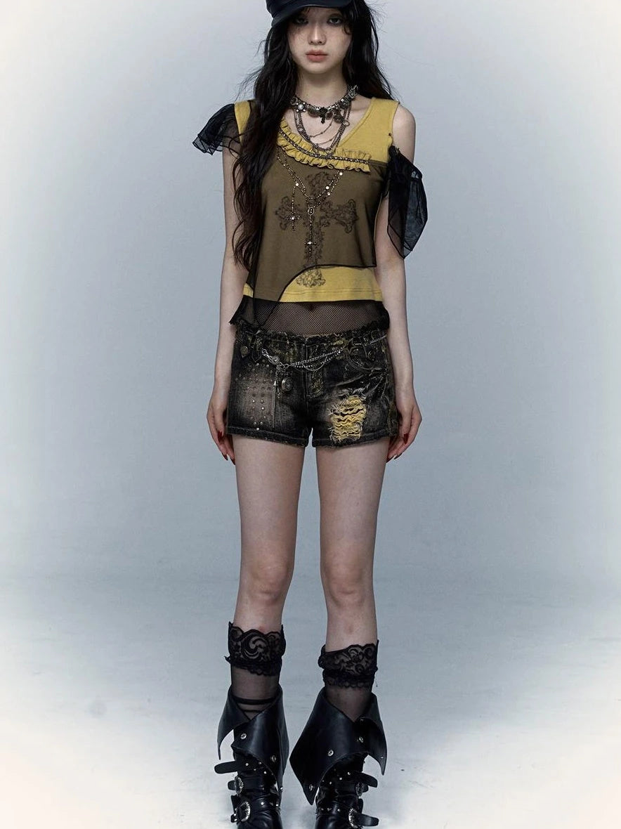 Asym Rock Punk Mesh Rhinestone Print T-Shirt