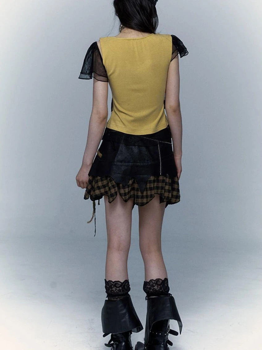 Asym Rock Punk Mesh Rhinestone Print T-Shirt