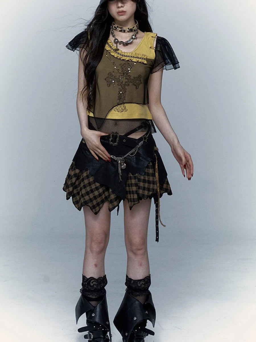 Asym Rock Punk Mesh Rhinestone Print T-Shirt