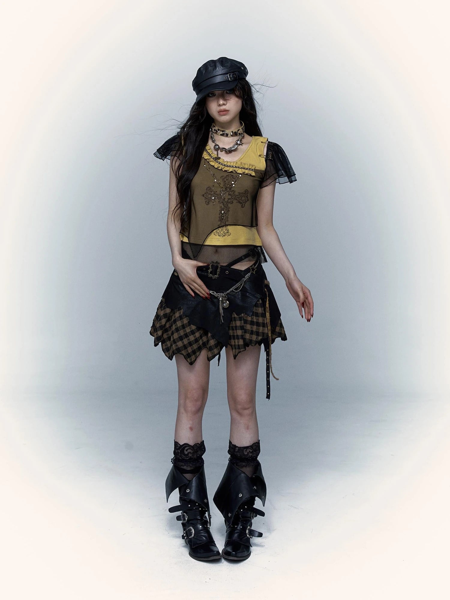 Asym Rock Punk Mesh Rhinestone Print T-Shirt