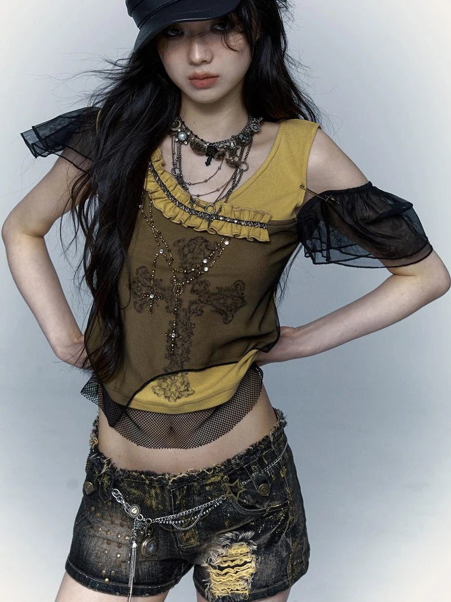 Asym Rock Punk Mesh Rhinestone Print T-Shirt