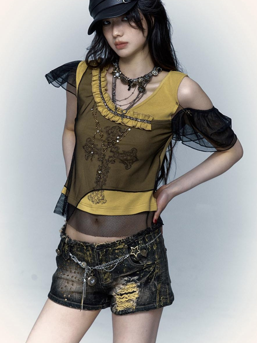 NO ROMANCE禁忌浪漫 Asym Rock Punk Mesh Rhinestone Print T-Shirt