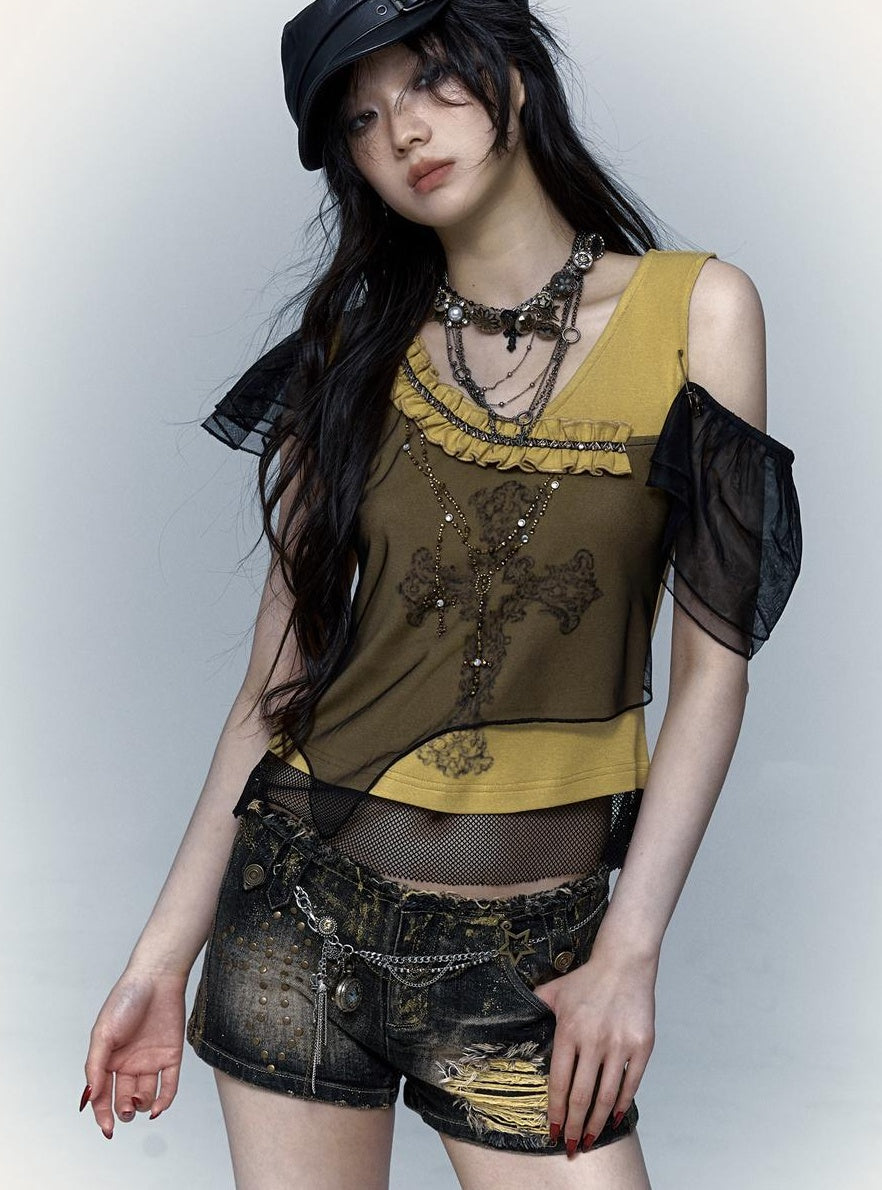 NO ROMANCE禁忌浪漫 Asym Rock Punk Mesh Rhinestone Print T-Shirt