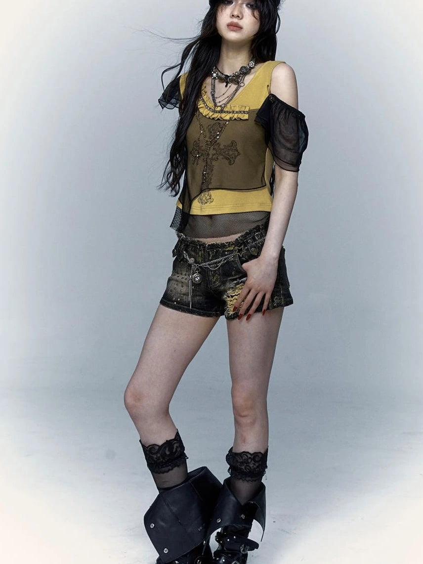 Asym Rock Punk Mesh Rhinestone Print T-Shirt