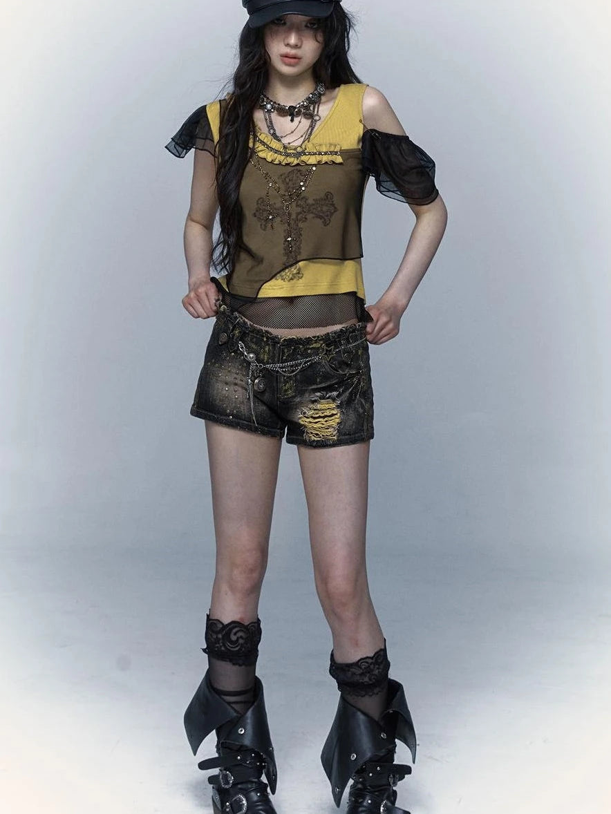 Asym Rock Punk Mesh Rhinestone Print T-Shirt